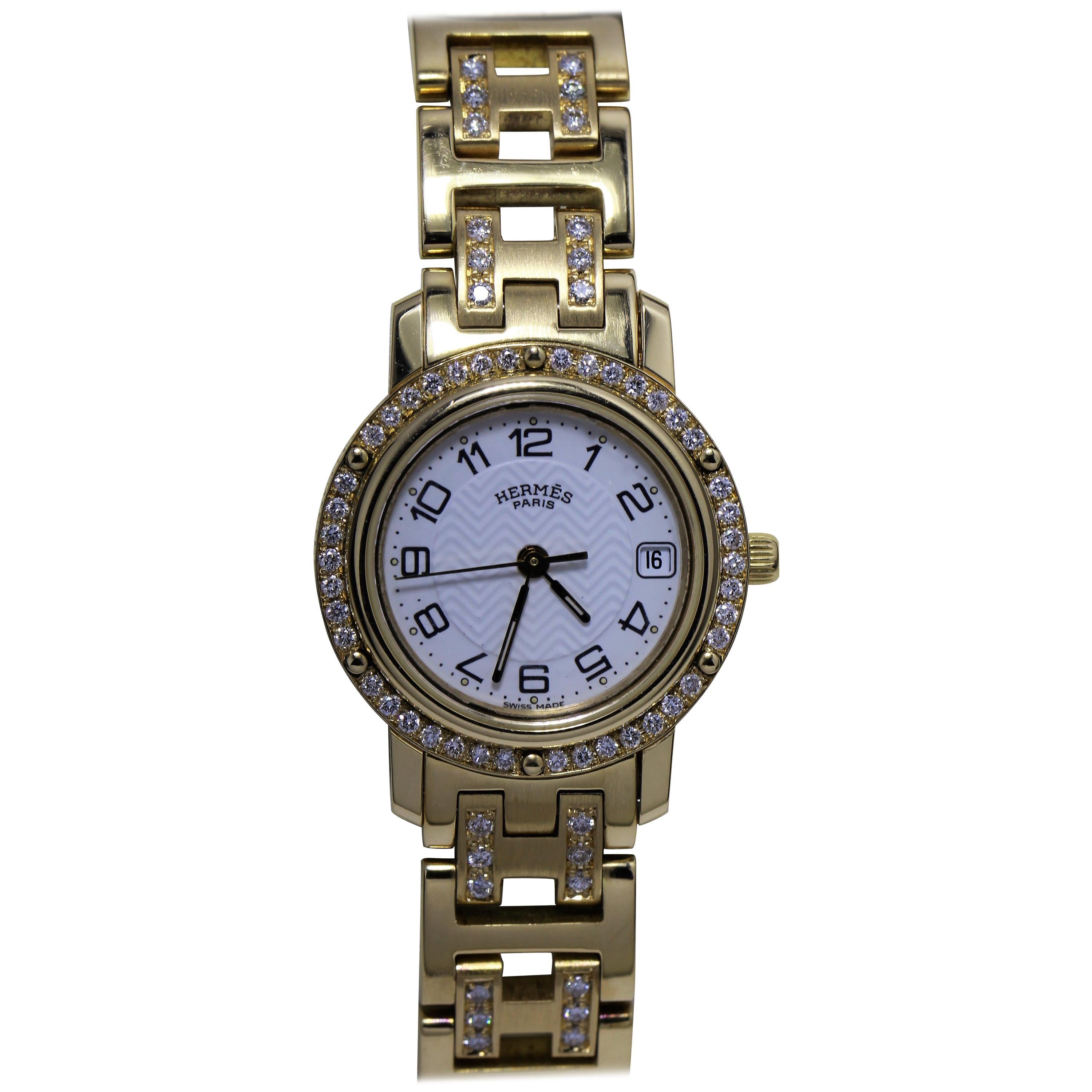 Hermes 18 Karat Gold Watch with Diamond Studded Bezel and Belt For Sale