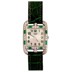 Vintage Hermès 18 Karat White Gold Quartz Watch with Emerald and Diamond Surround