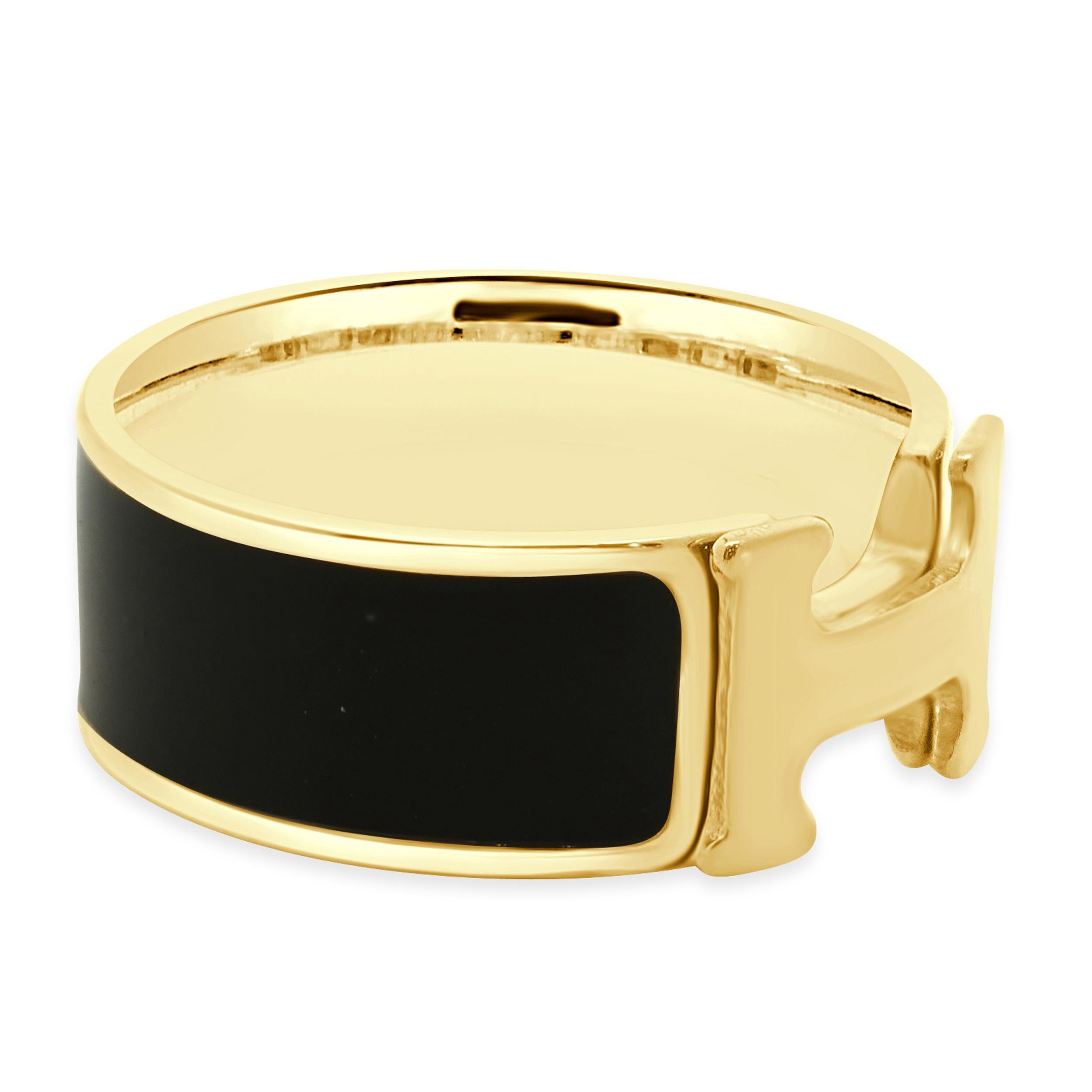 Hermes 18 Karat Yellow Gold Black Enamel Cliq H Ring In Excellent Condition For Sale In Scottsdale, AZ