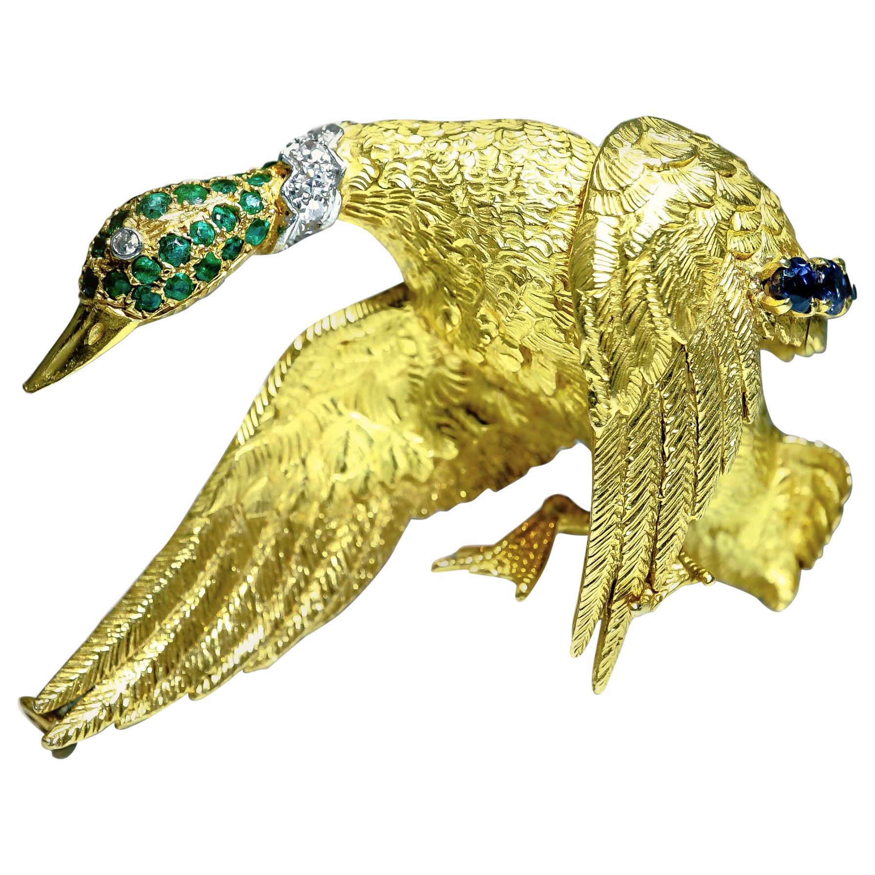 Hermes 18 Karat Yellow Gold Emerald Sapphire and Diamond Bird Brooch