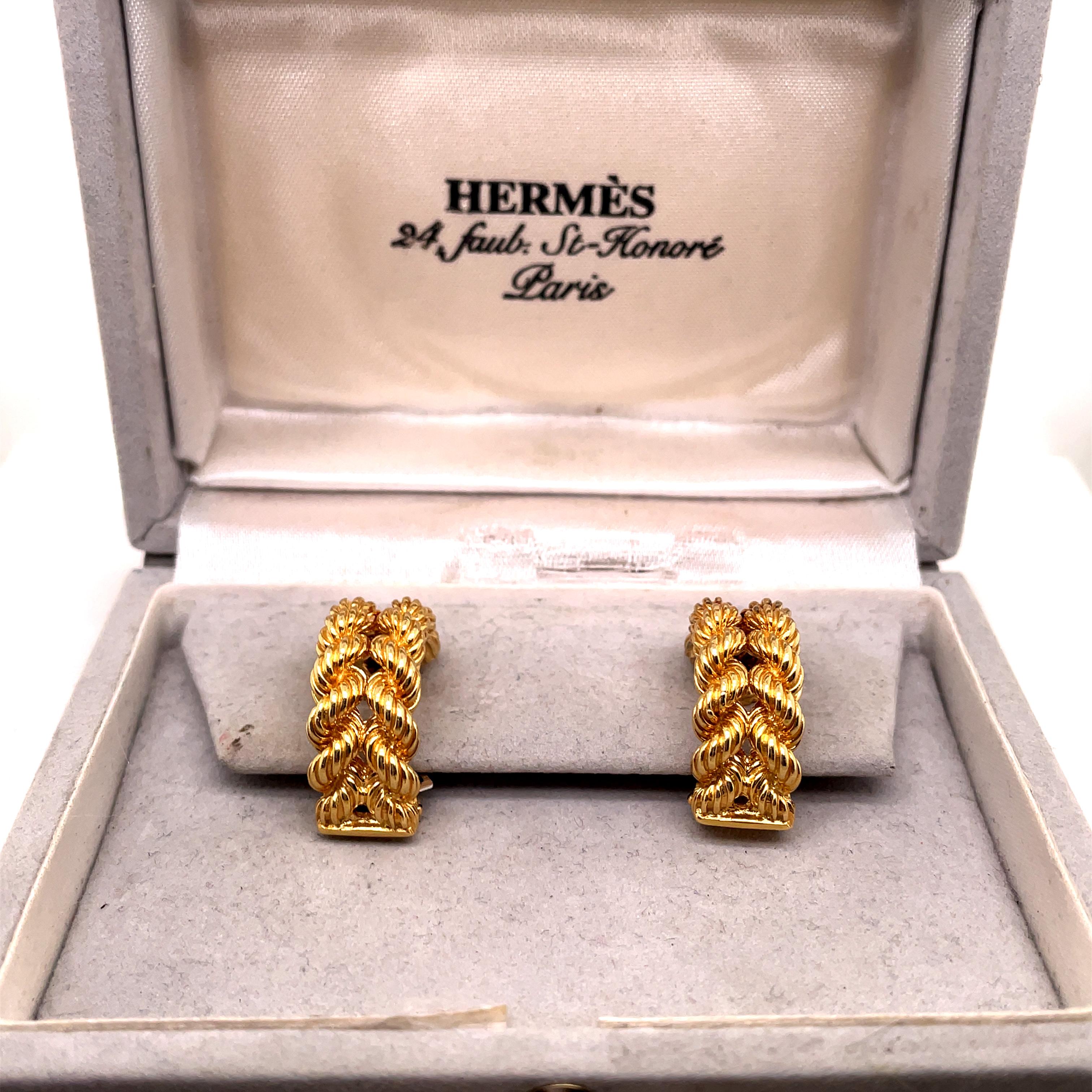 Hermès 18 Karat Yellow Gold Rope Twist Hoop Earrings, Circa 1960 For Sale 2