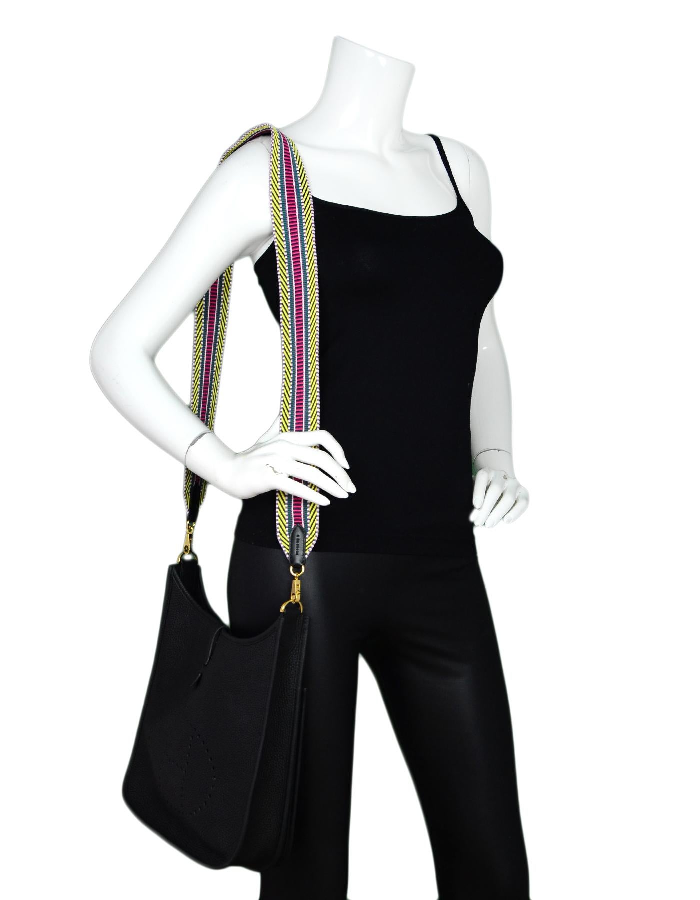 Hermes 2018 Multicolor Toile Canvas Noir Swift Leather Sangle Cavale 50mm 105 Bag Strap W/ Goldtone Hardware

**Pictured with Hermes Evelyne bag for reference, bag is not included with purchase**

Made In: France
Year of Production: 2018
Color: