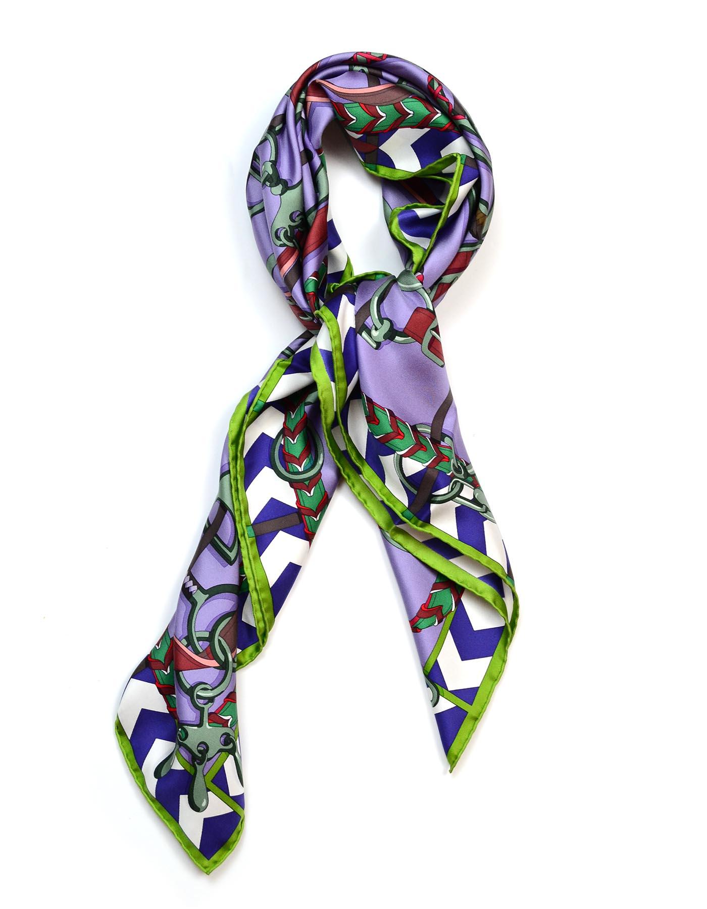 Hermes 2018 Purple/Multicolor Panoplie Equestre By Virginie Jamin 90CM Silk Scarf

Made In: France
Year of Production: 2018
Color: Purple/multicolor 
Materials: 100% silk
Overall Condition: Excellent pre-owned condition with exception of a couple of
