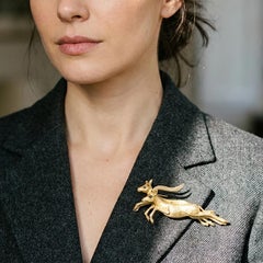 Hermès 18ct Gold Twin Gazelle Brooch with Sapphire Eyes