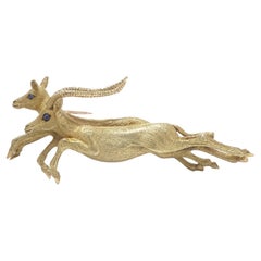 Hermès 18ct Gold Twin Gazelle Brooch with Sapphire Eyes