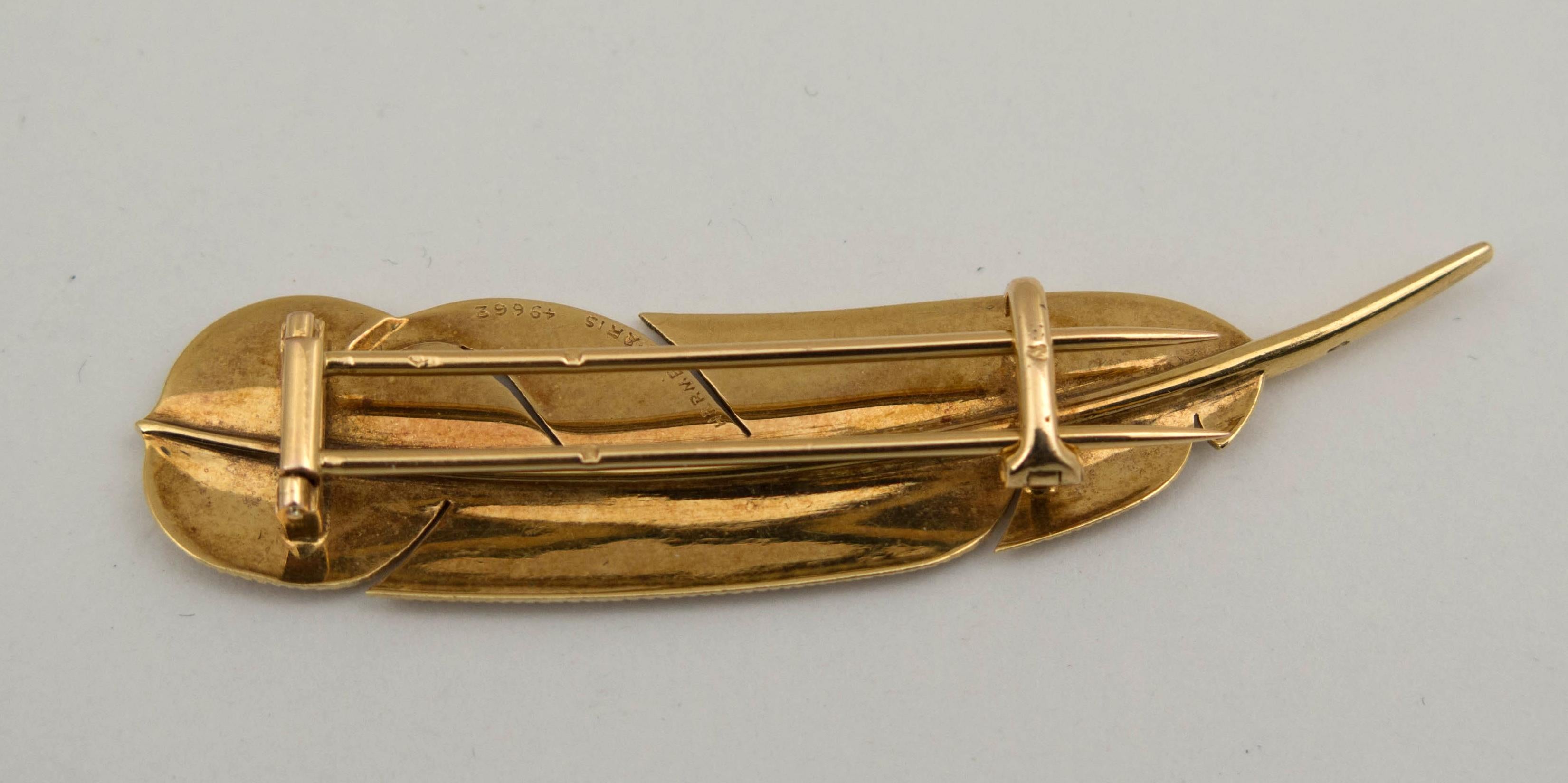 Modern Hermes 18 Karat Gold Feather Brooch Pin Vintage