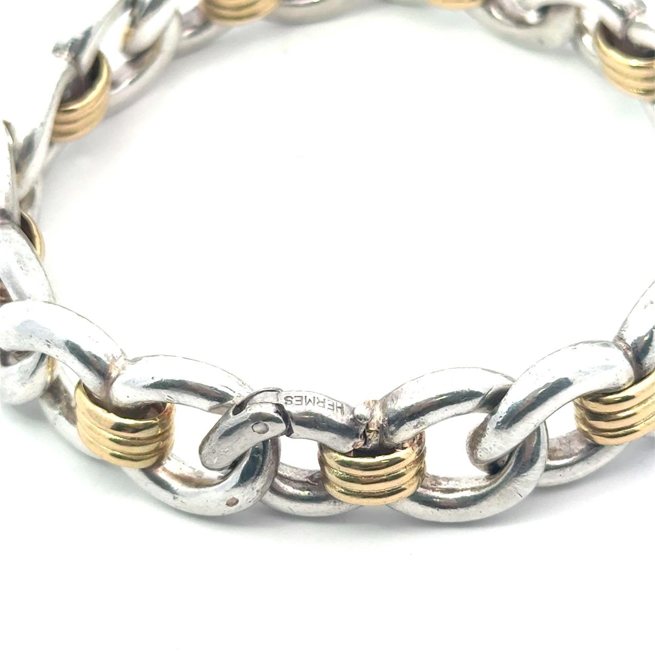 HERMÈS Pulsera de eslabones de oro de 18 quilates y plata de ley en venta 1