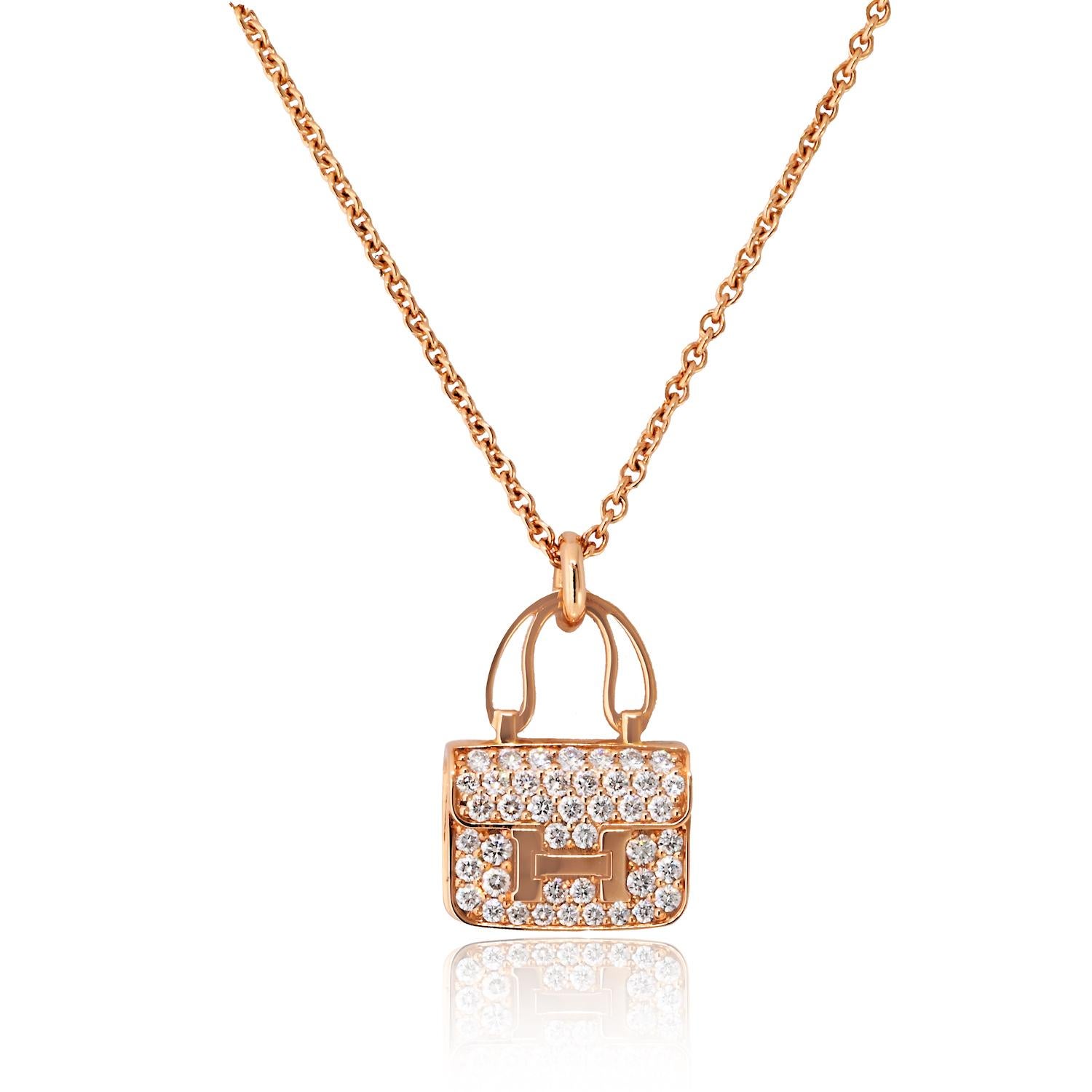 Round Cut Hermes 18K Rose Gold Amulettes Constance Pendant Necklace For Sale