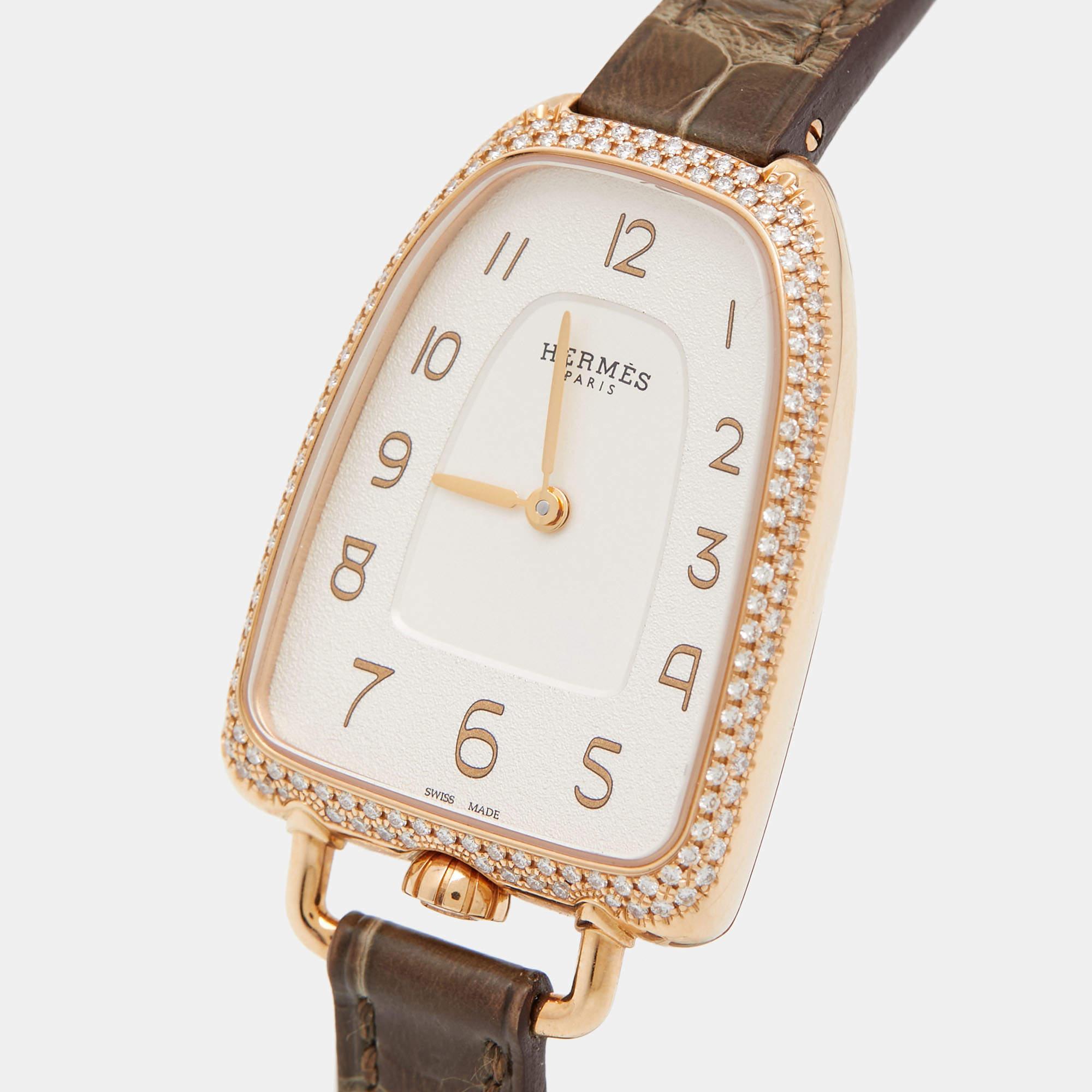 Contemporary Hermes 18k Rose Gold Diamond Alligator Galop d'Hermès Women's Wristwatch 26 mm