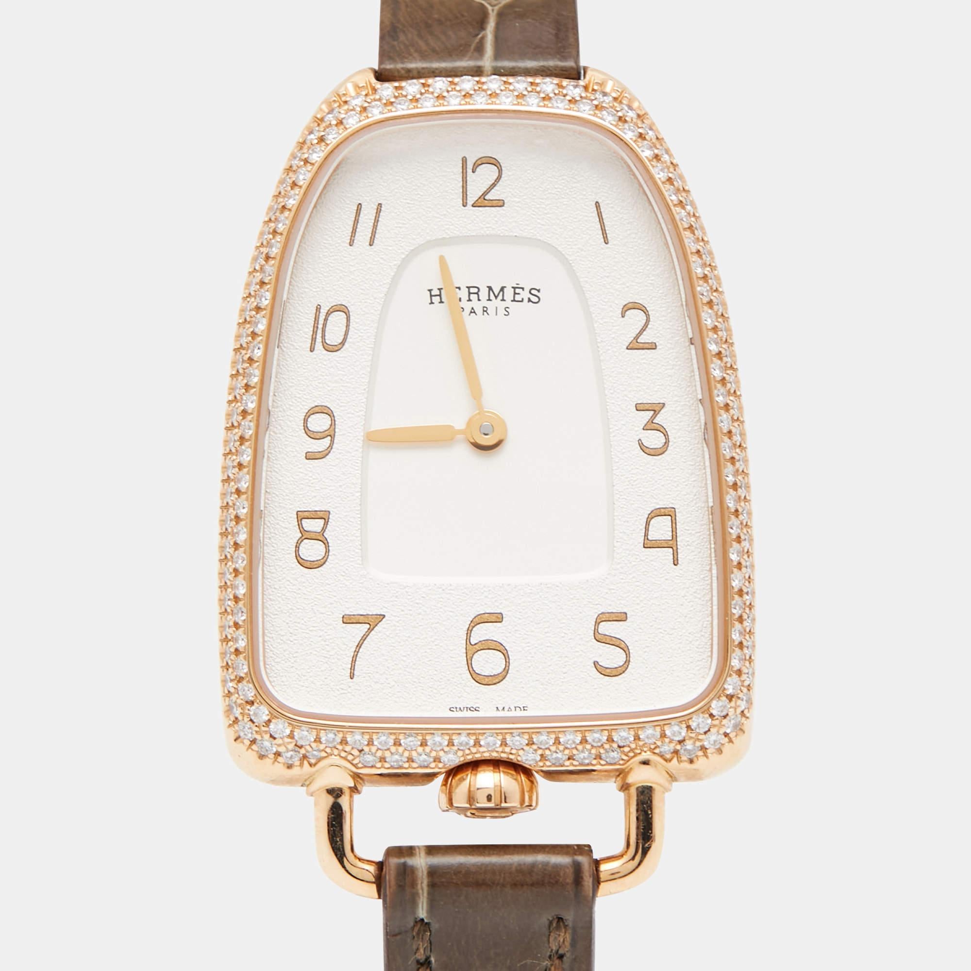 Hermes 18k Rose Gold Diamond Alligator Galop d'Hermès Women's Wristwatch 26 mm In Good Condition In Dubai, Al Qouz 2