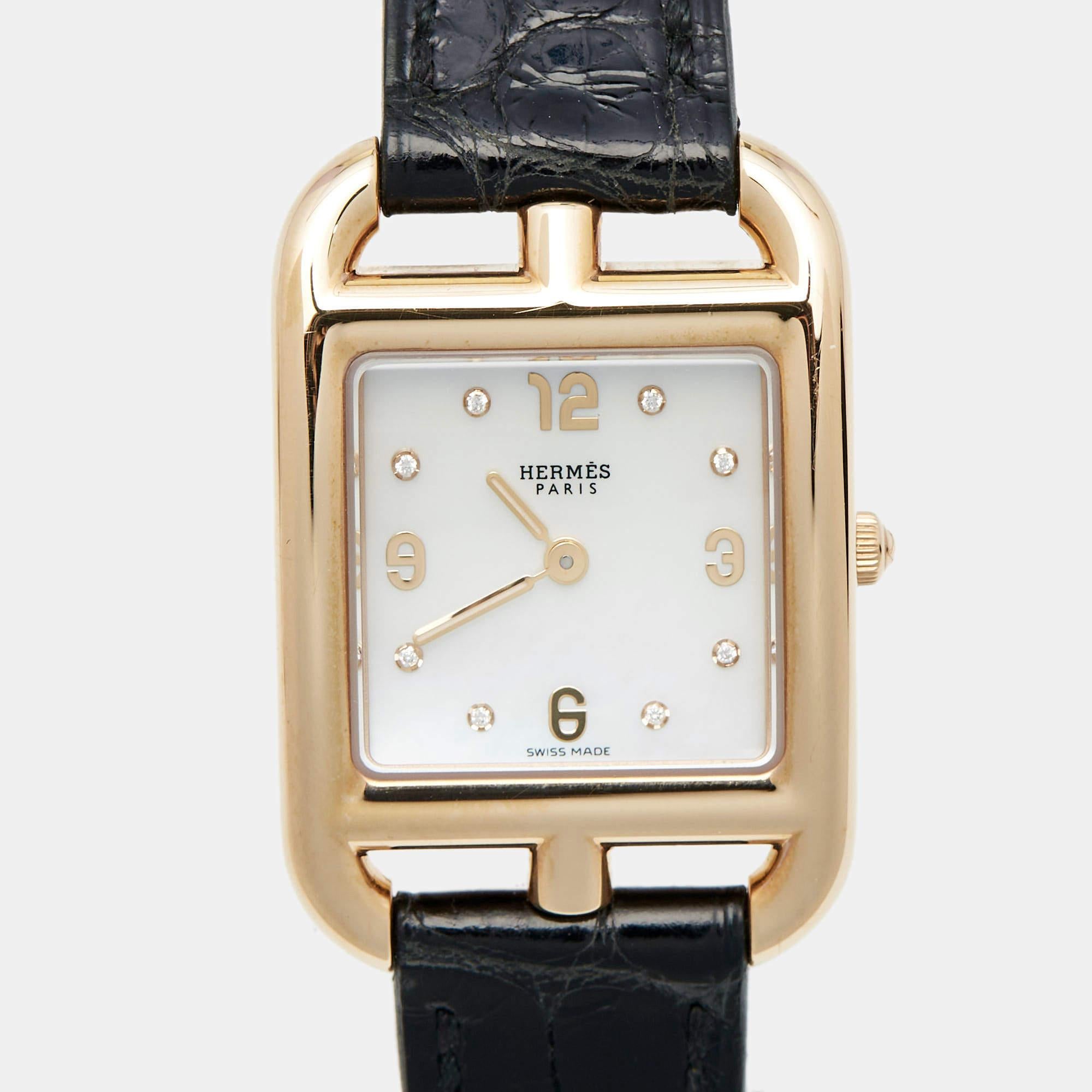 Hermes 18K Rose Gold Diamond Alligator Leather Cape Cod Women's Wristwatch 23 mm 1