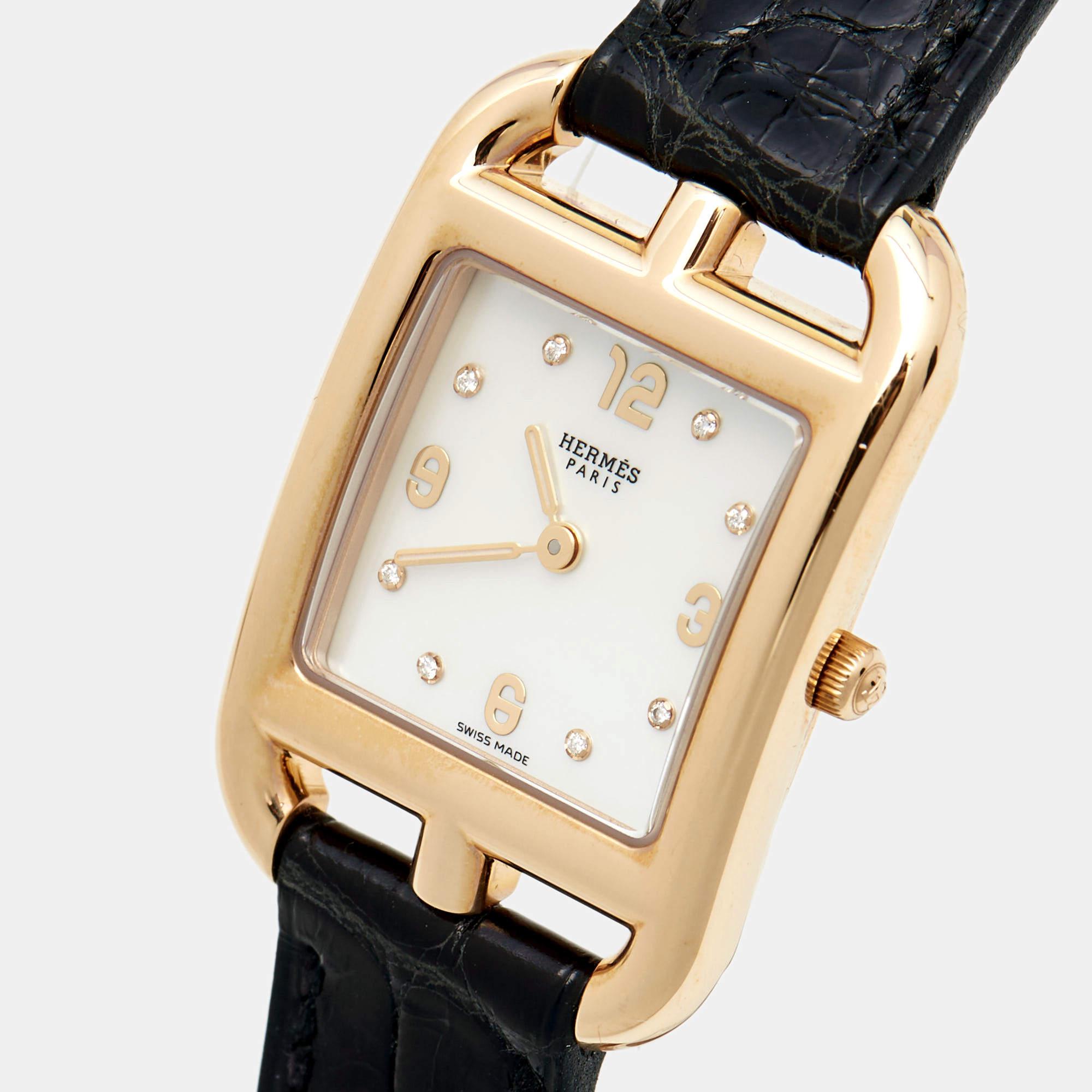 Hermes 18K Rose Gold Diamond Alligator Leather Cape Cod Women's Wristwatch 23 mm 2
