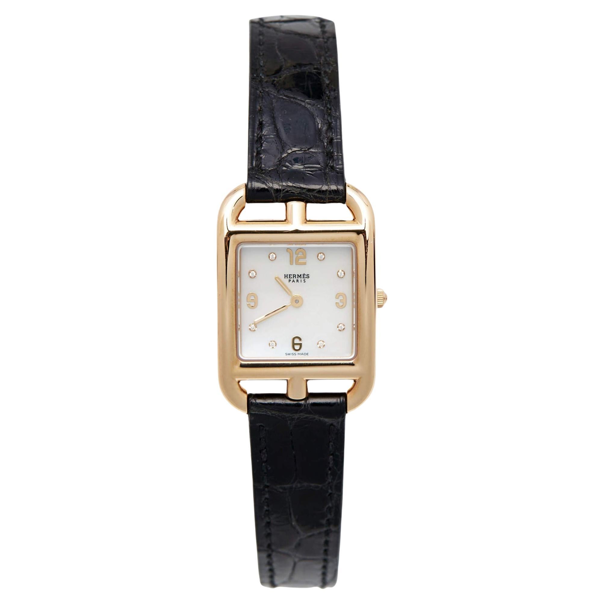 Hermes 18K Rose Gold Diamond Alligator Leather Cape Cod Women's Wristwatch 23 mm