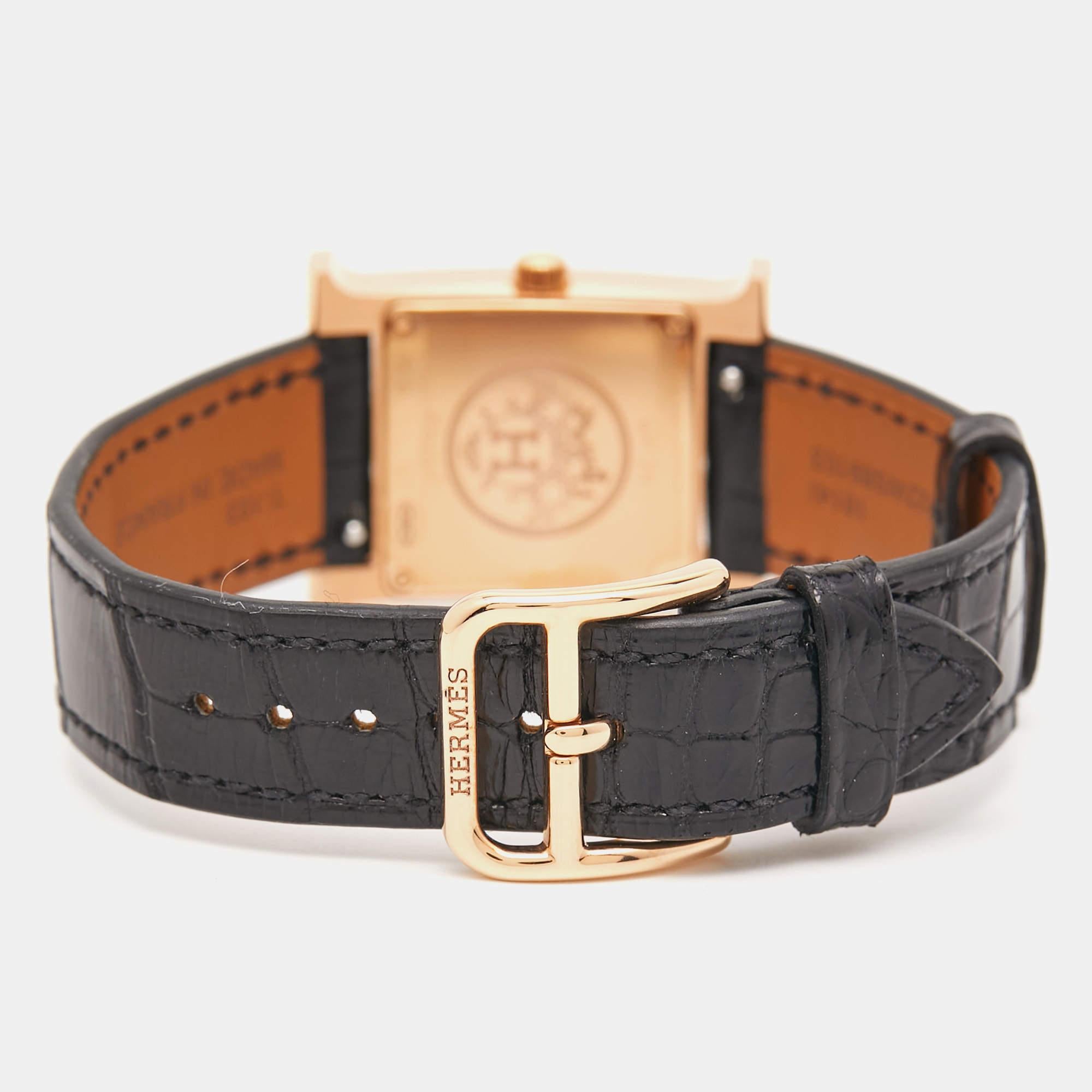 Hermès 18K Rose Gold Diamond Alligator Leather Heure Wristwatch 21 mm In Excellent Condition In Dubai, Al Qouz 2