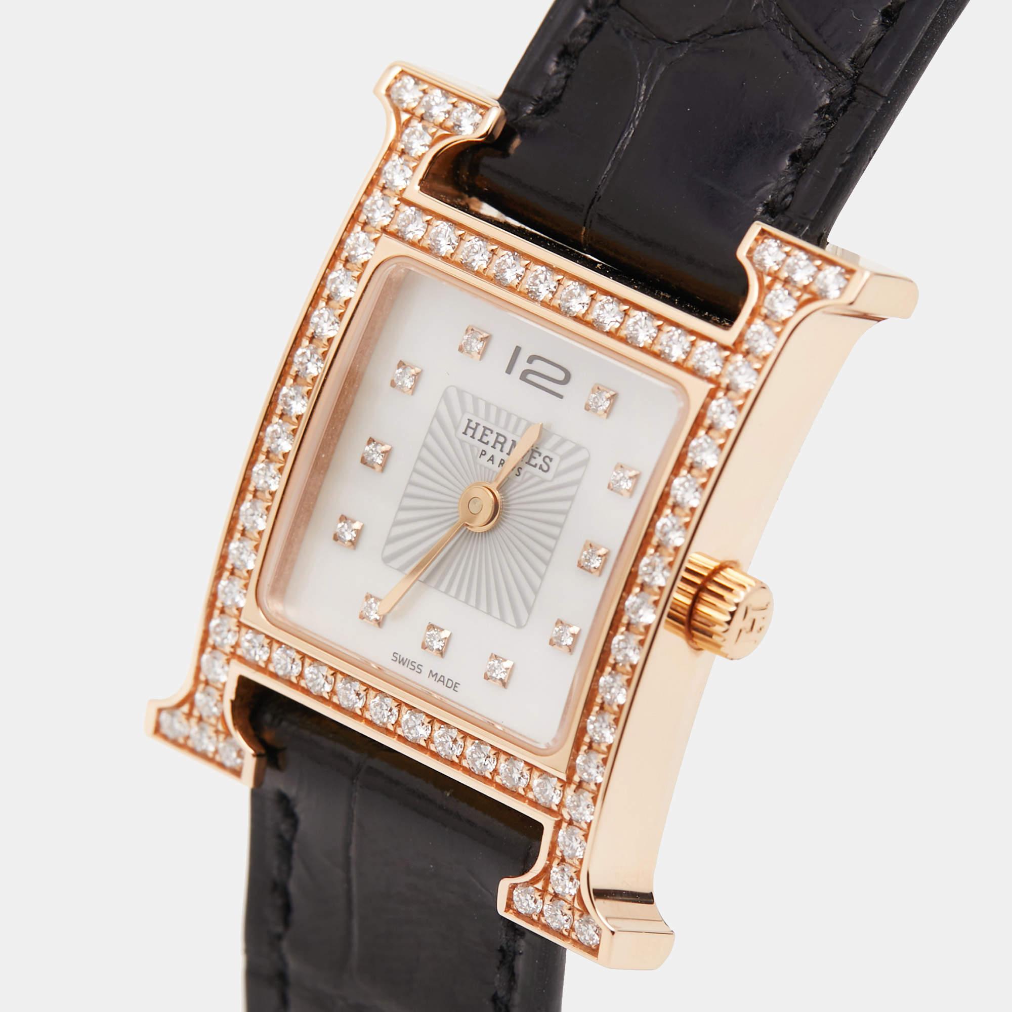 Hermès 18K Rose Gold Diamond Alligator Leather Heure Wristwatch 21 mm 1
