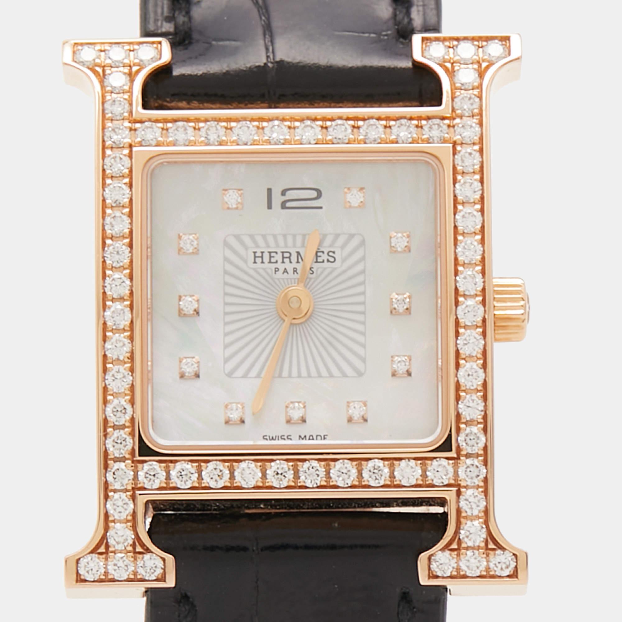 Hermès 18K Rose Gold Diamond Alligator Leather Heure Wristwatch 21 mm 2