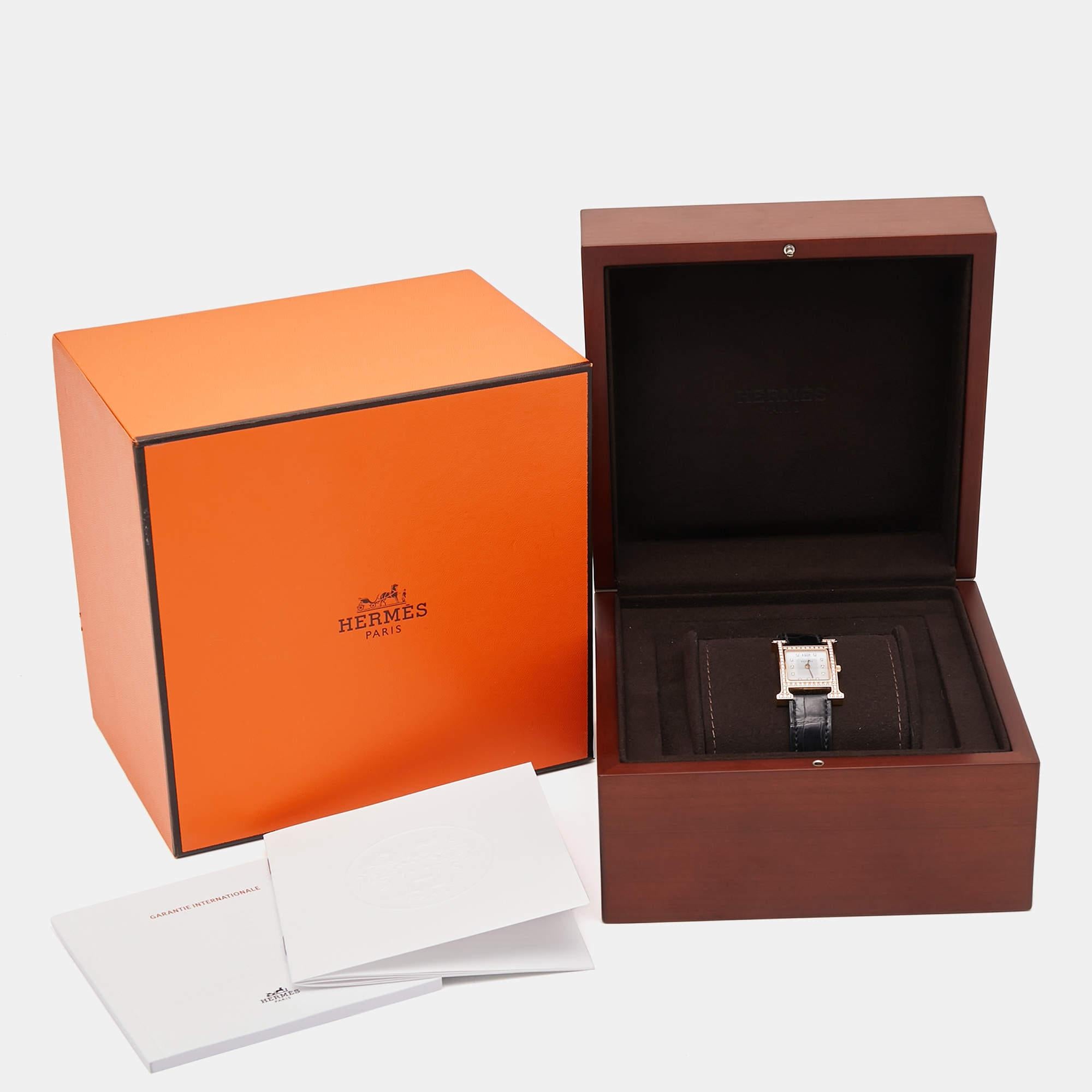 Hermès 18K Rose Gold Diamond Alligator Leather Heure Wristwatch 21 mm 3