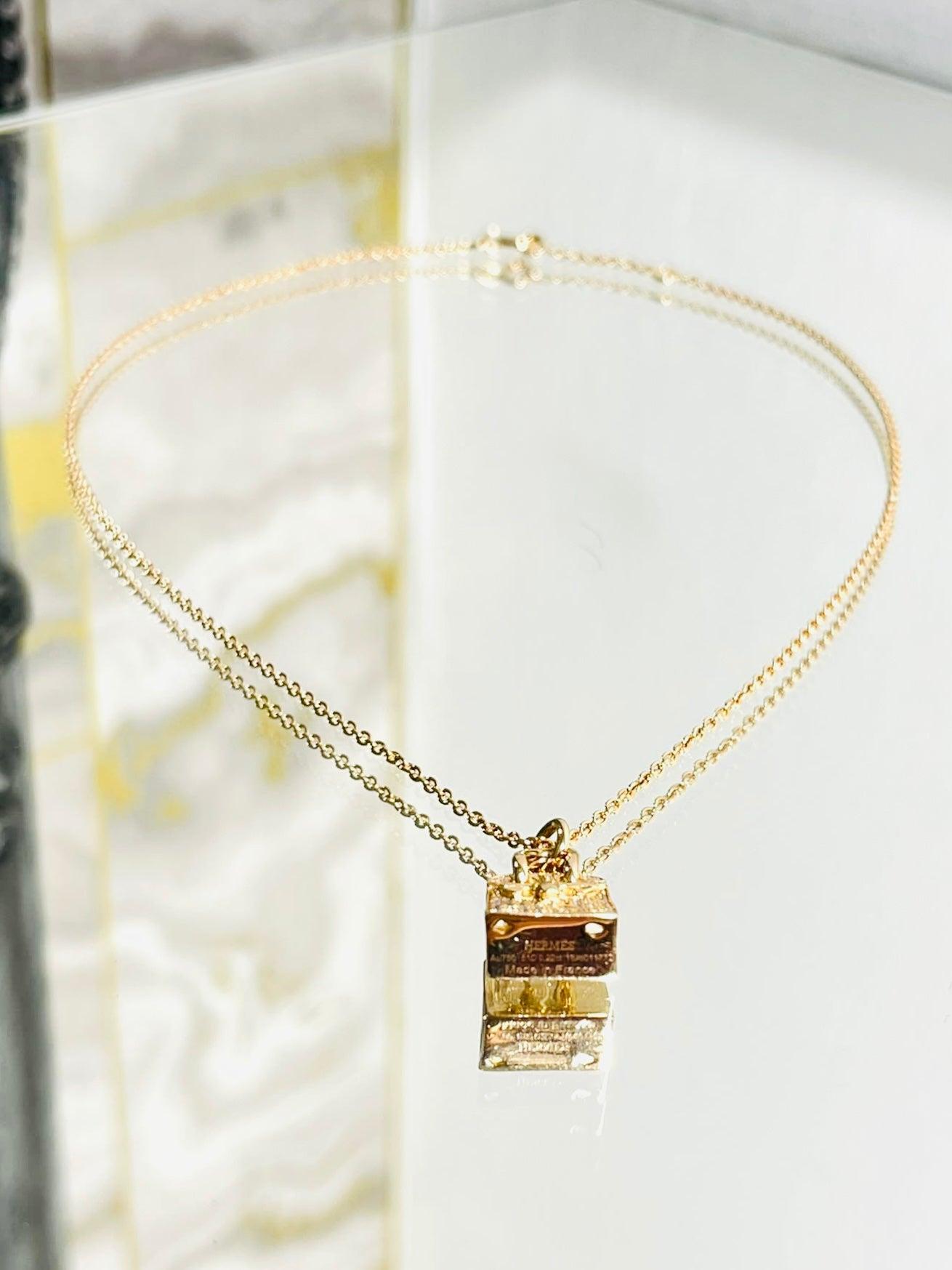Brilliant Cut Hermes 18k Rose Gold & Diamond Birkin Amulette Pendant Necklace For Sale
