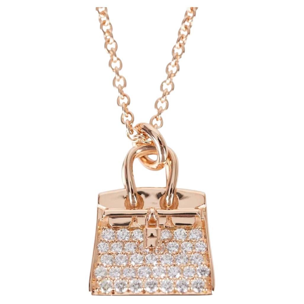 Hermes 18k Rose Gold & Diamond Birkin Amulette Pendant Necklace For Sale