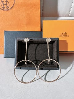 Hermès 18k Rose Gold Diamond "Ex-Libris" Open Hoop Drop Earrings