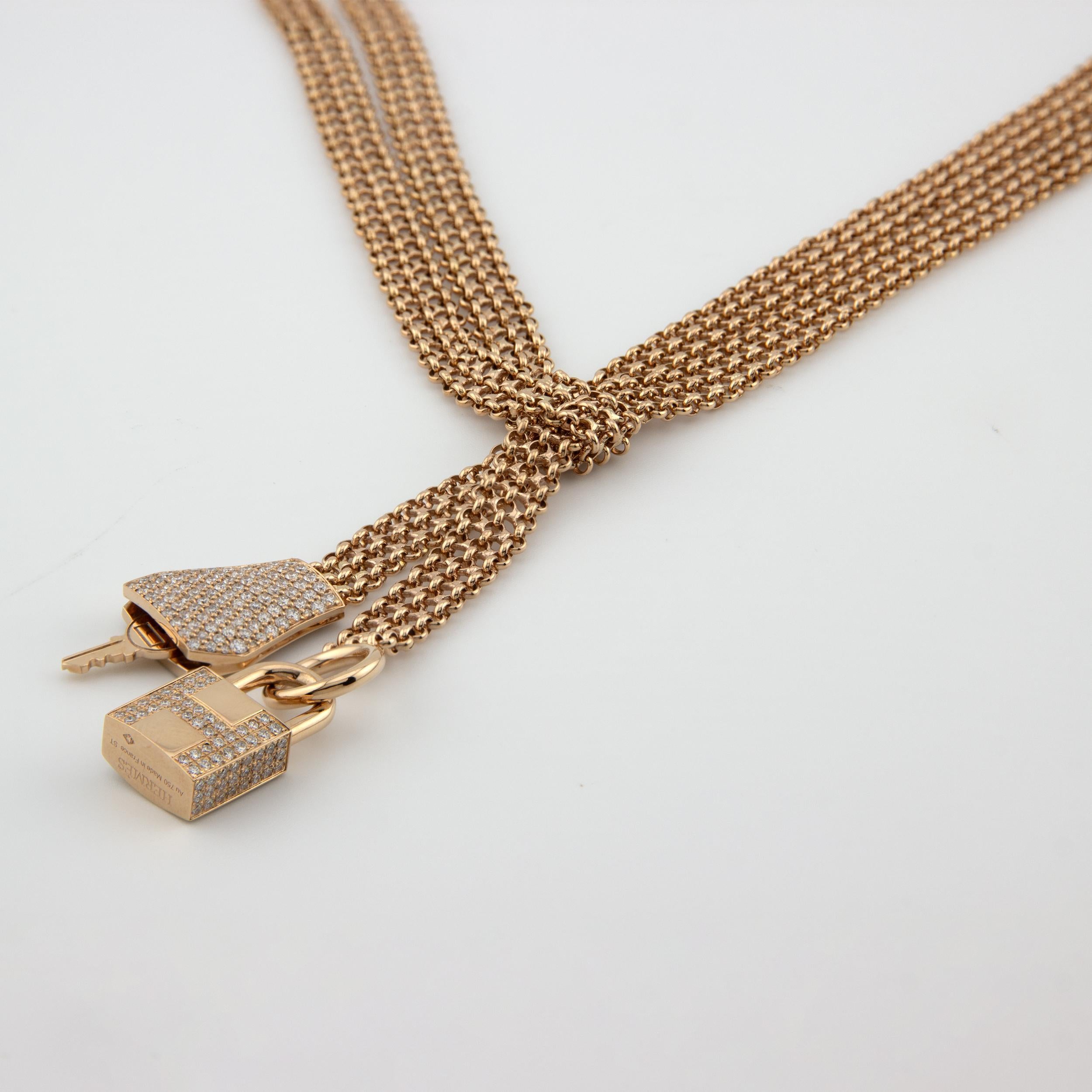 Taglio brillante Hermes Oro Rosa 18K Pave Diamond GM Collier Kelly Clochette Collana ST in vendita