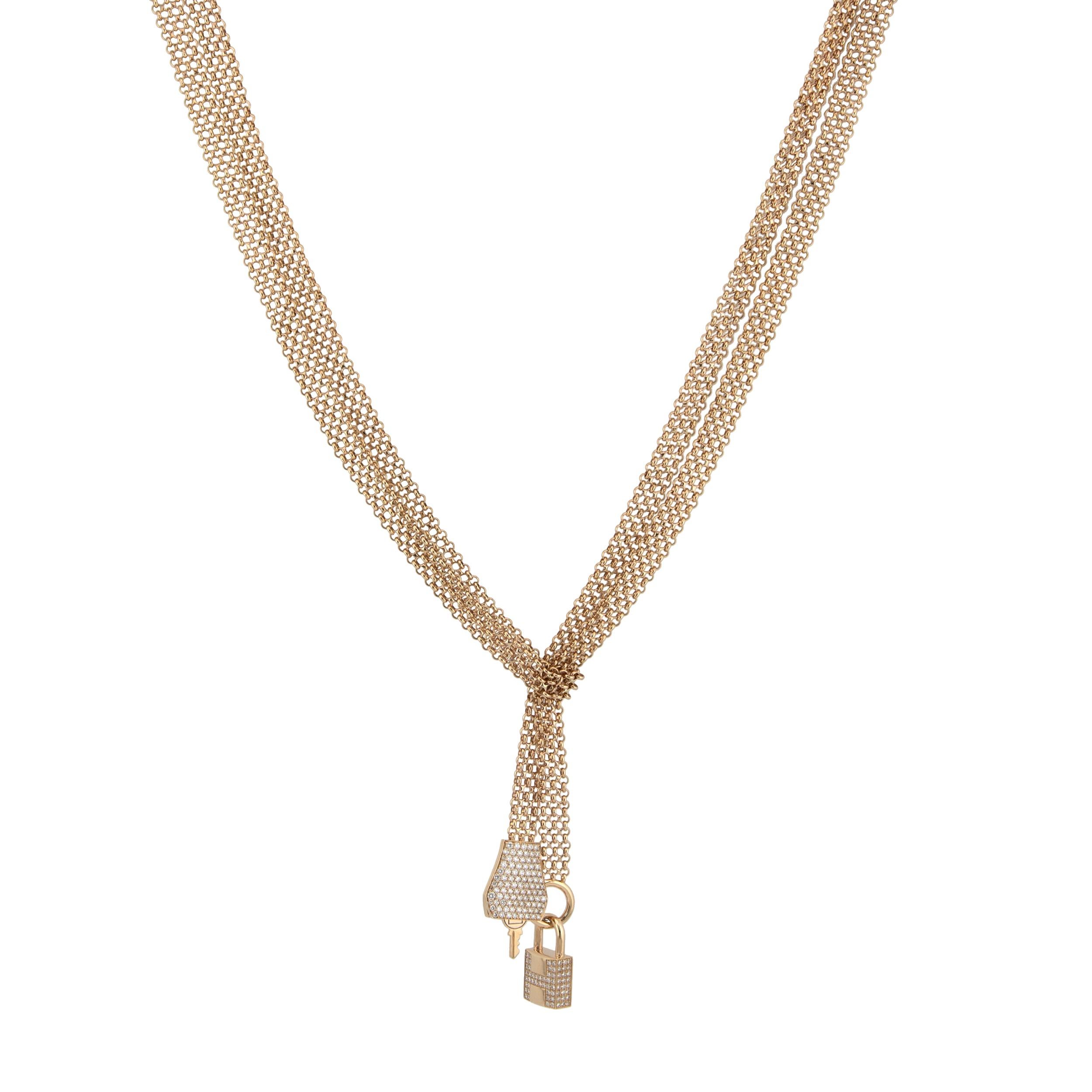 Hermes Oro Rosa 18K Pave Diamond GM Collier Kelly Clochette Collana ST In condizioni ottime in vendita a North Miami Beach, FL