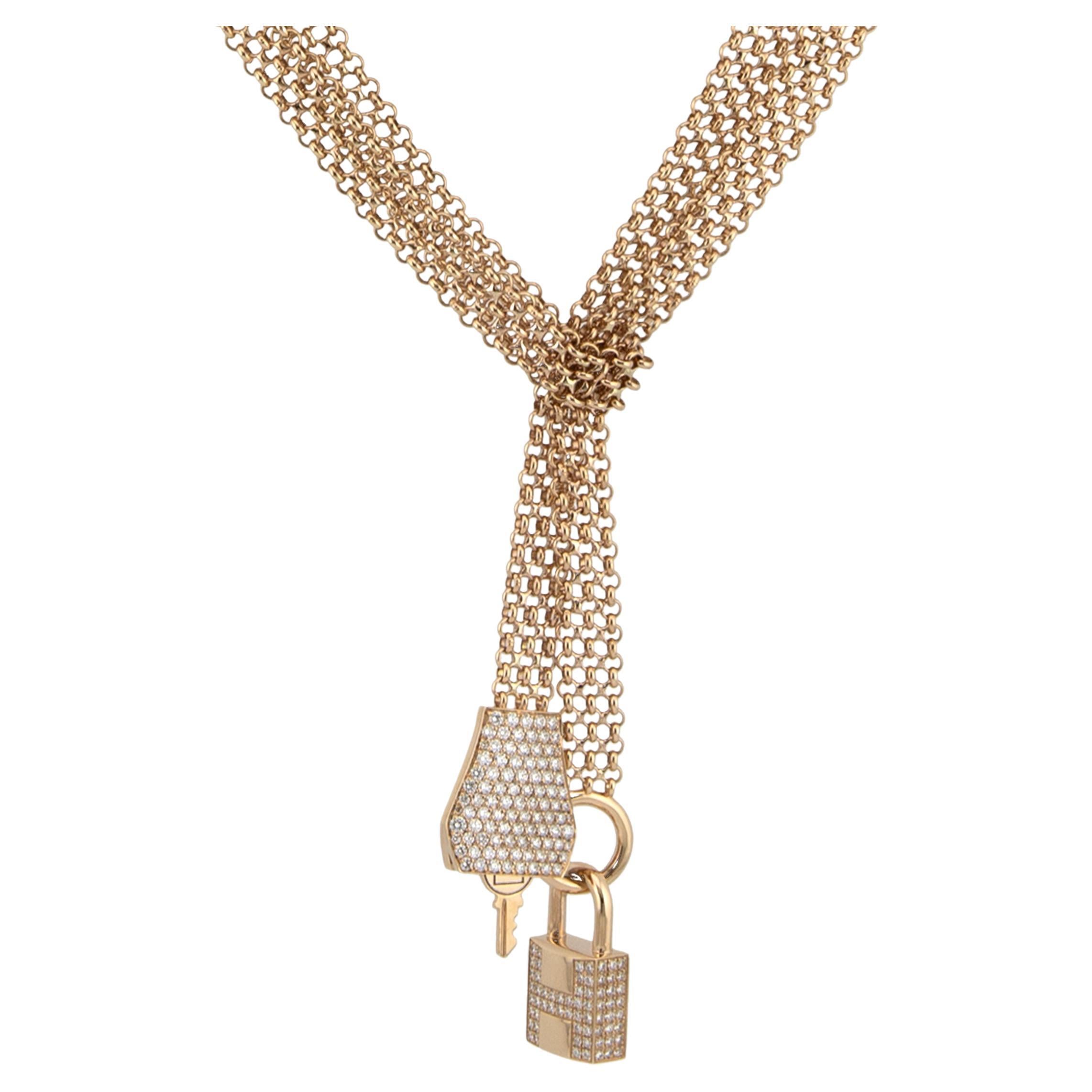 Hermes Collier Kelly Clochette en or rose 18K pavé de diamants GM ST