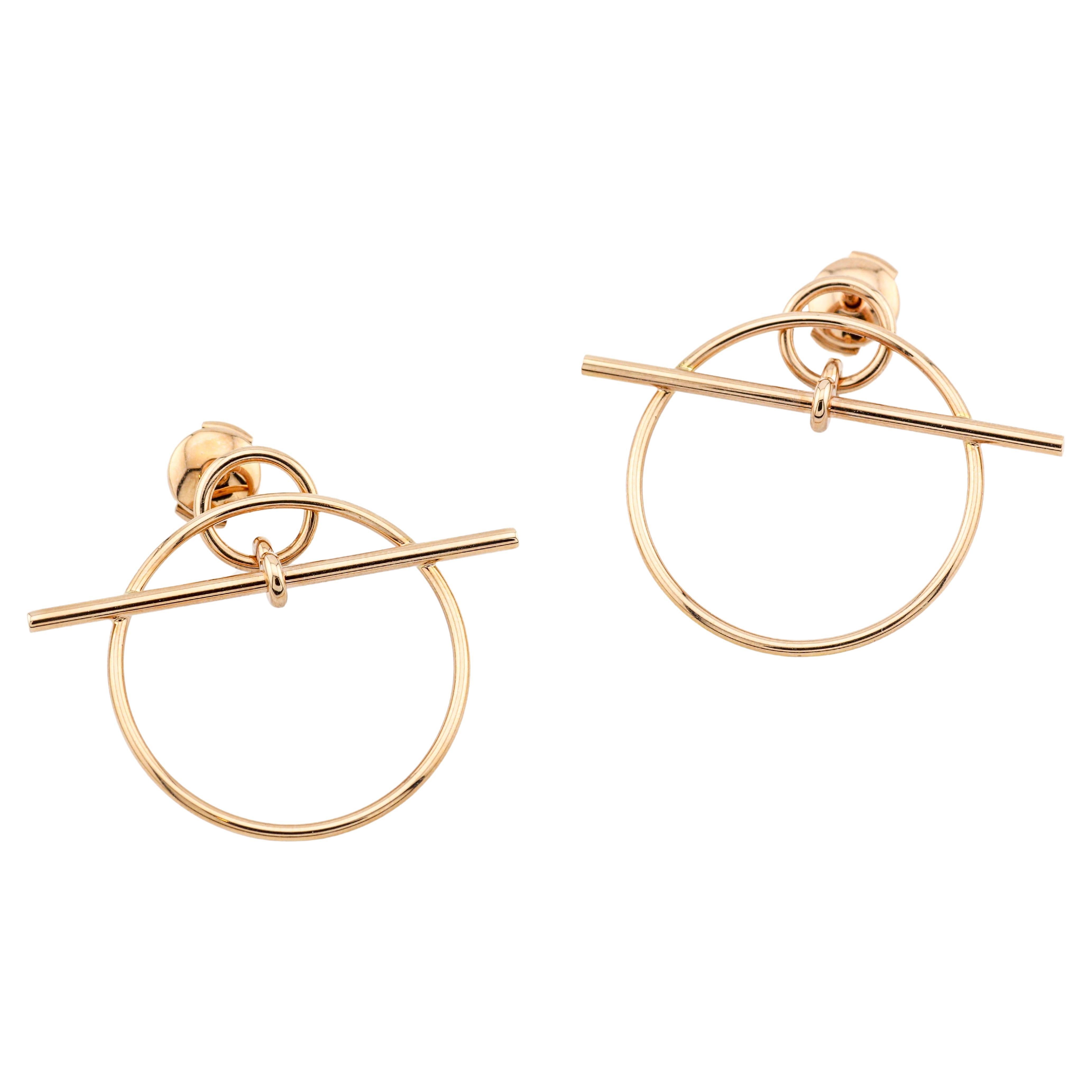 Hermes 18k Rose Gold Small Hoop Stud Earrings For Sale