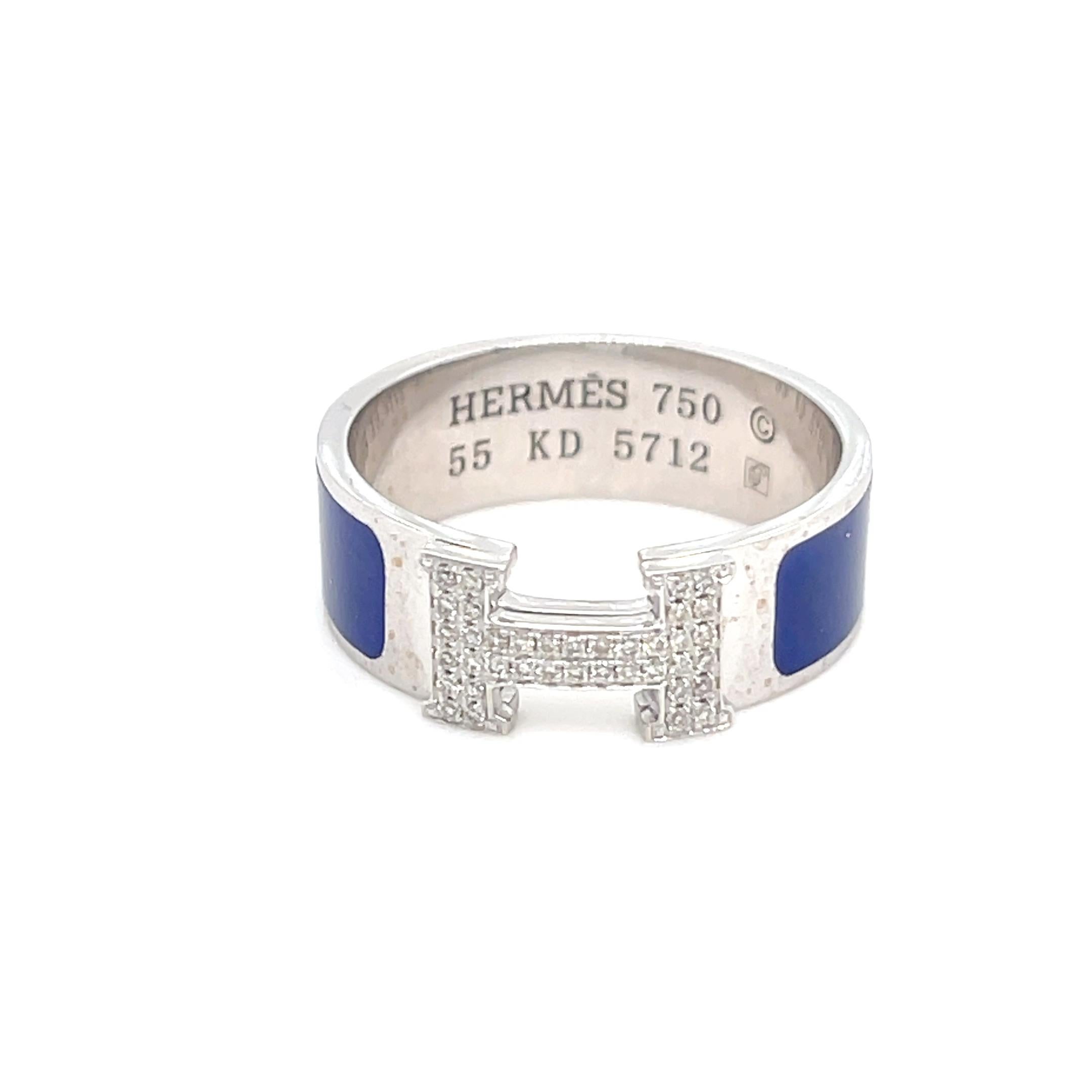 Anello Hermes in oro bianco 18k con smalto blu e diamanti H. H. Taglia 7 5.4g In condizioni buone in vendita a Sherman Oaks, CA
