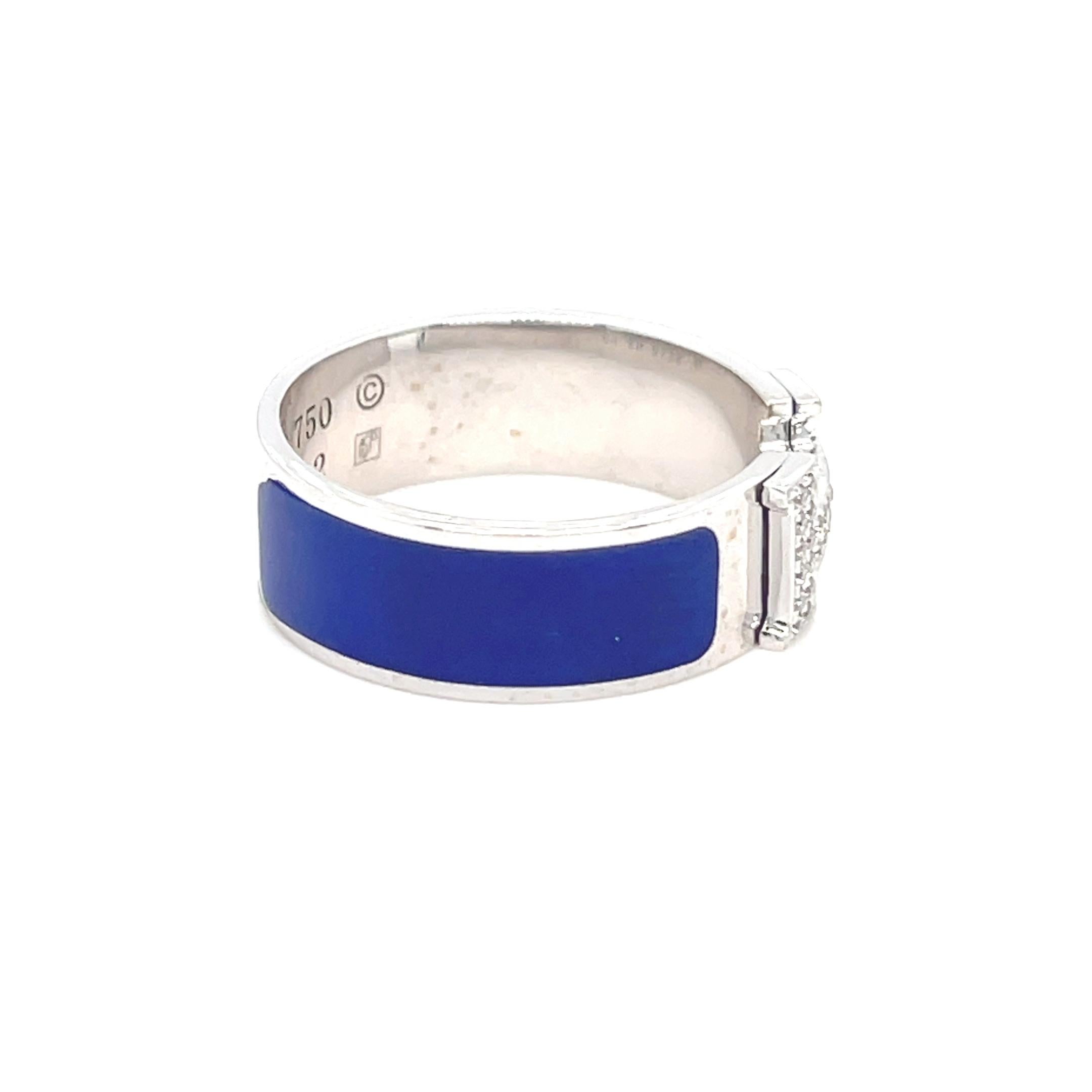 da uomo o donna Anello Hermes in oro bianco 18k con smalto blu e diamanti H. H. Taglia 7 5.4g in vendita