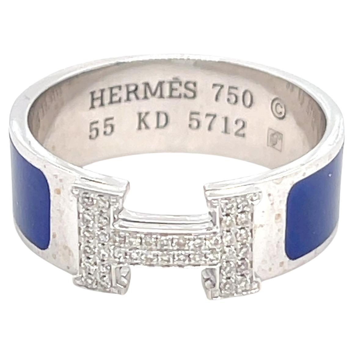 Hermes Bague Clic Clac en or blanc 18k émail bleu et diamant H Taille 7 5.4g