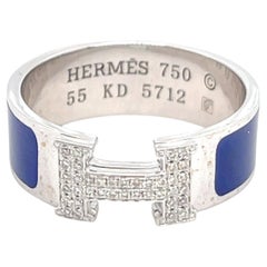 Hermes Bague Clic Clac en or blanc 18k émail bleu et diamant H Taille 7 5.4g
