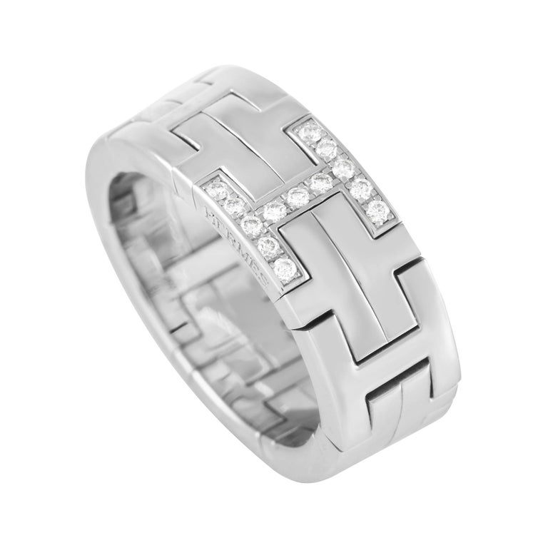 Hermès 18k White Gold Diamond H Band Ring at 1stDibs