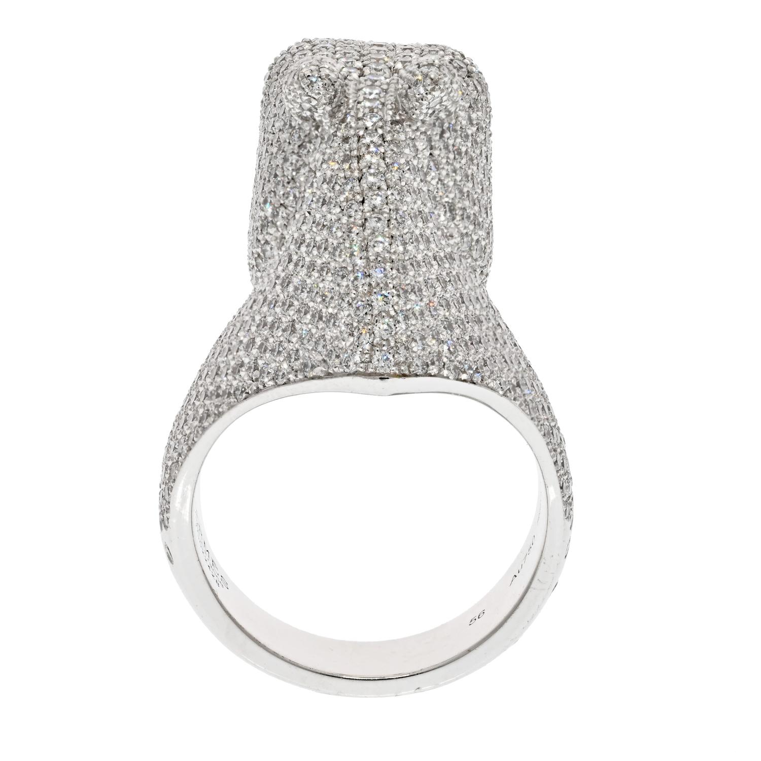 Hermes 18k white gold ring designed as a band from which a horse head protrudes; the band and the horse head set with numerous round diamonds.

Pierre Hardy designed Galop as a tribute to Hermès' very first creations, horse harnesses, bridles, and