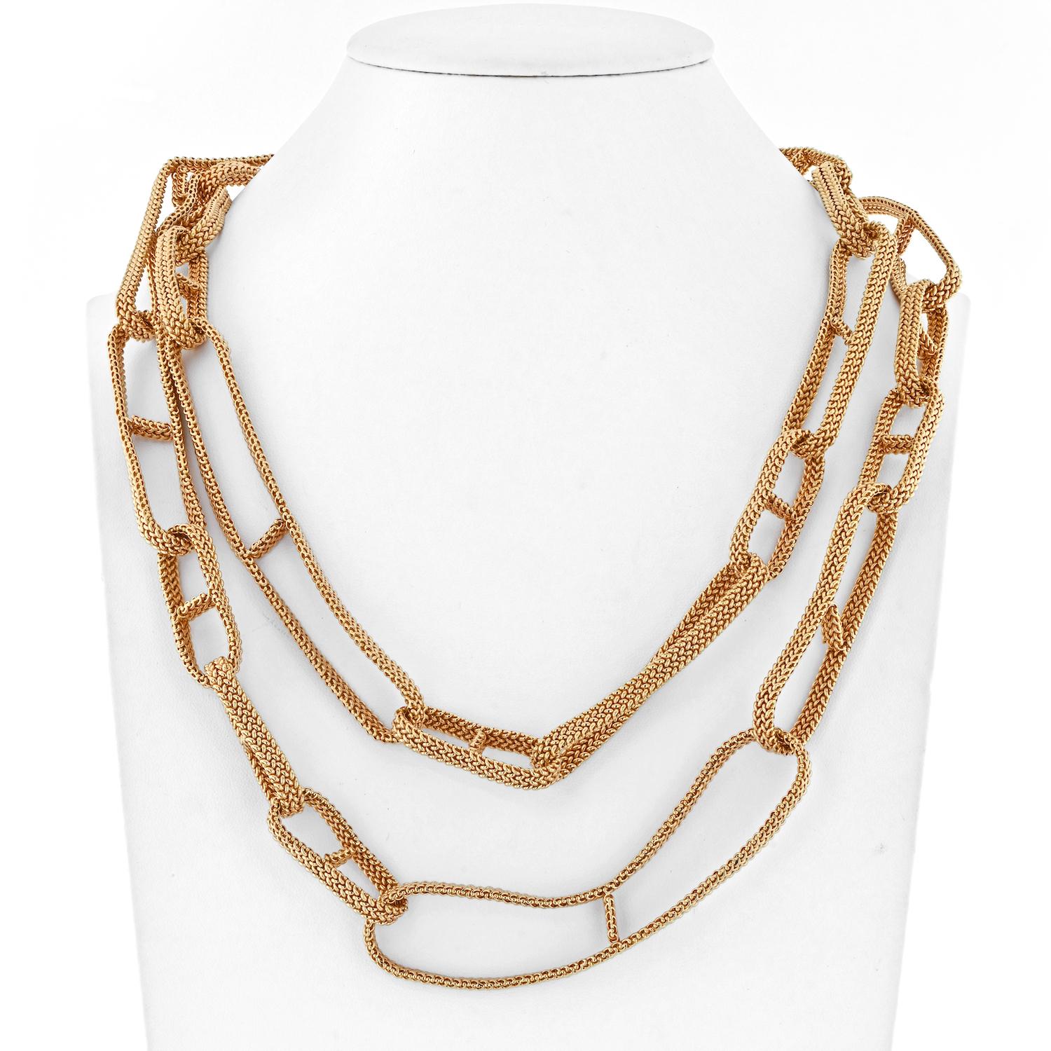 Very rare and special this Hermès 18K Yellow Gold 48 Inches Chaine D'Ancre Extra Large Link Chain Necklace.
It is a one-strand necklace made of open woven style links, finished by an anchor style lock. This necklace can be doubled around the neck