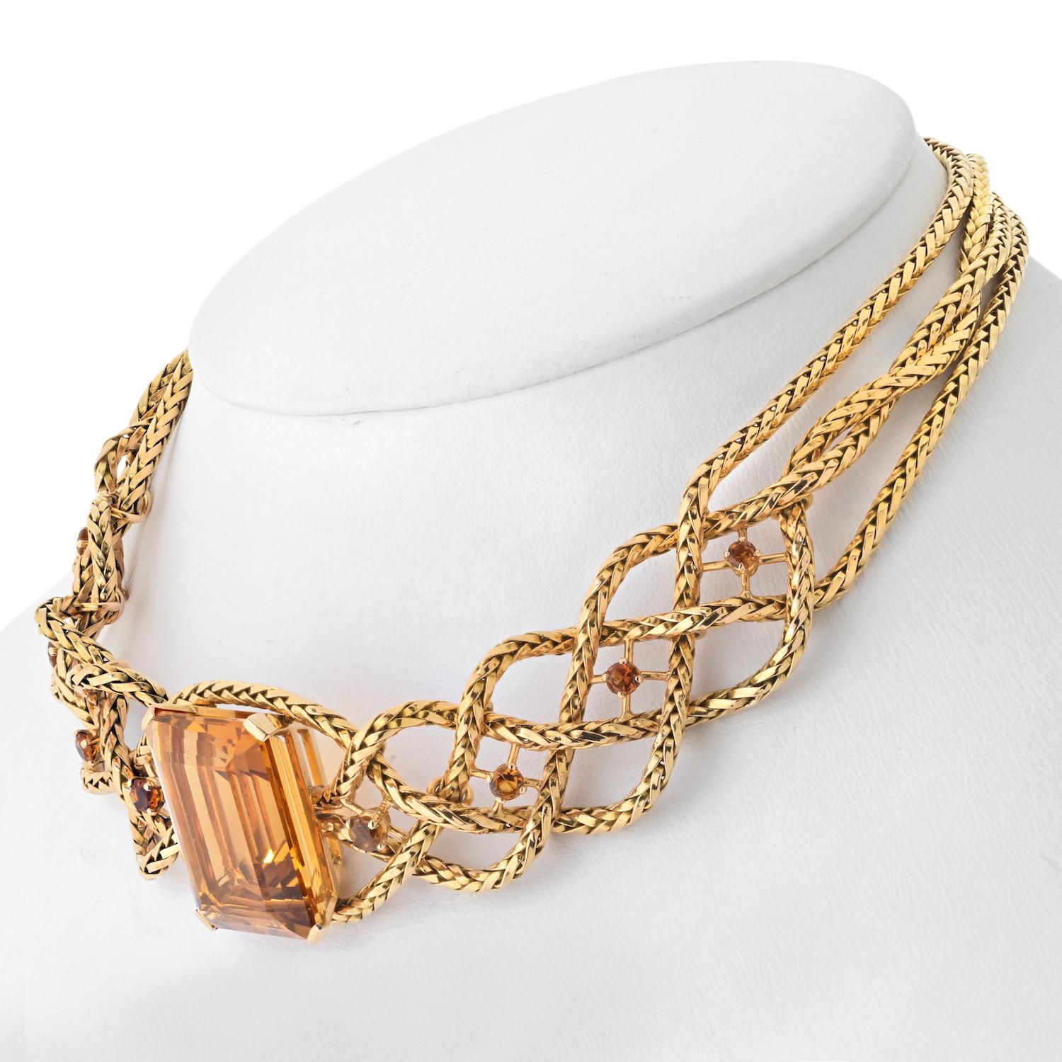 Hermes 18K Yellow Gold 61.50cttw Citrine Braided Choker Necklace In Excellent Condition For Sale In New York, NY