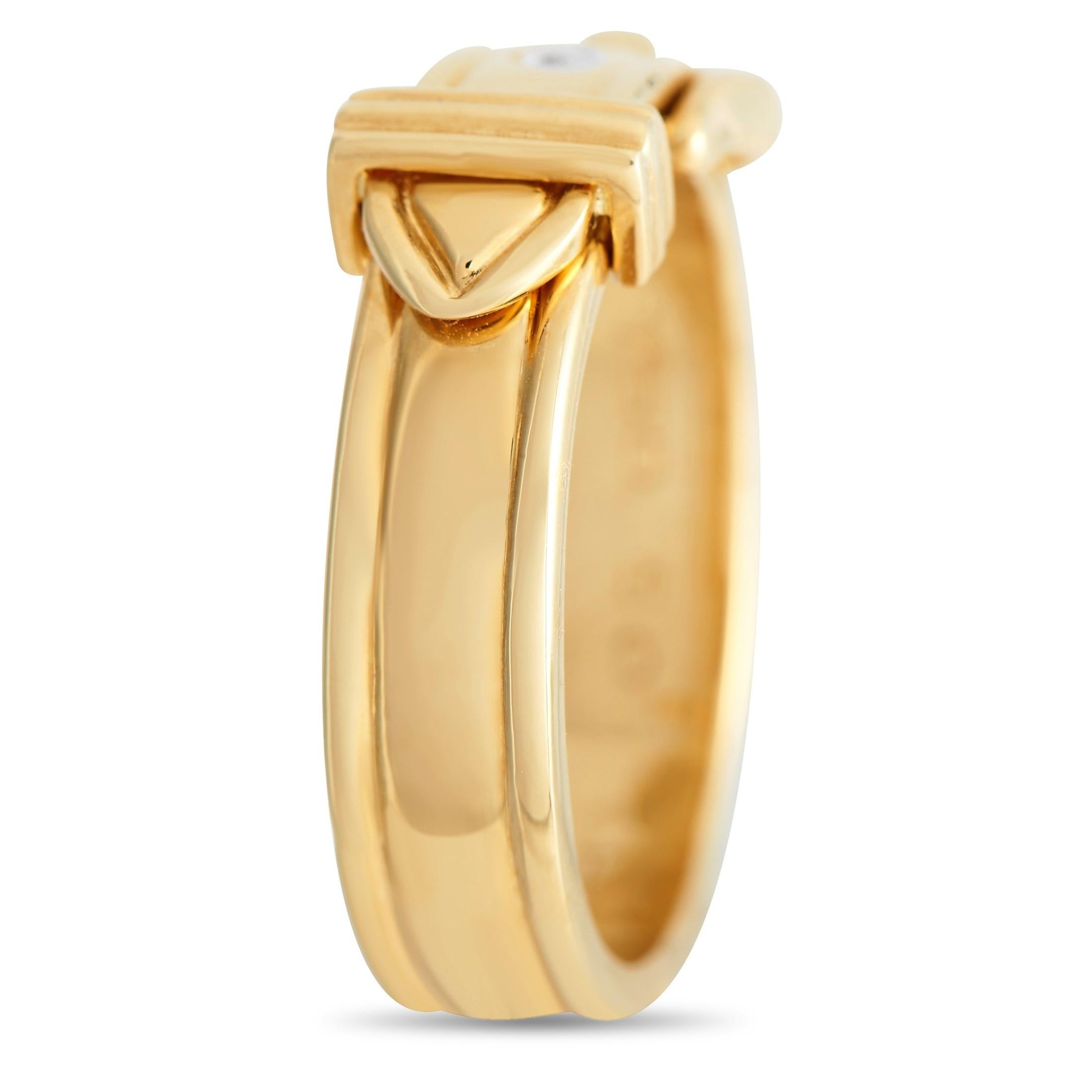 From the House of Hermès is this chic gold ring with a belt and buckle motif. The band measures 5mm with 7x15mm top dimensions. It weighs 6.5 grams and is fashioned from solid 18K yellow gold. Round out your outfits with a hint of radical luxury