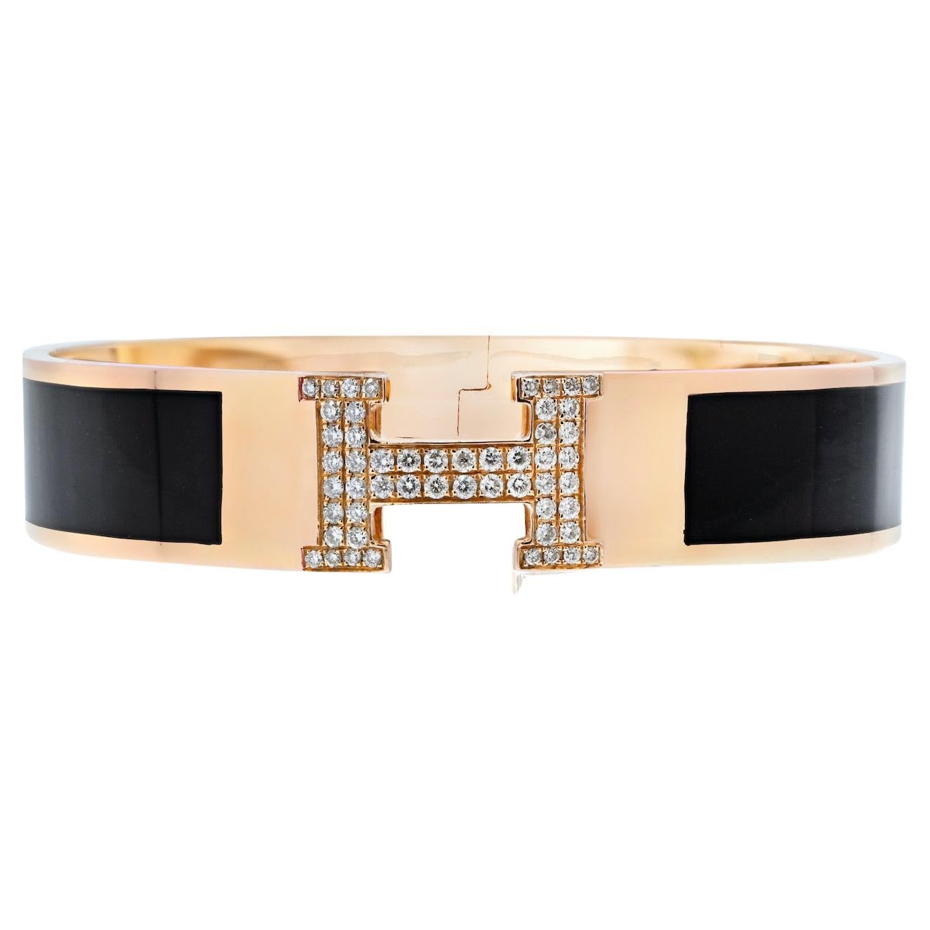 Hermes 18K Yellow Gold Clic Clac H Diamond Black Enamel Bracelet