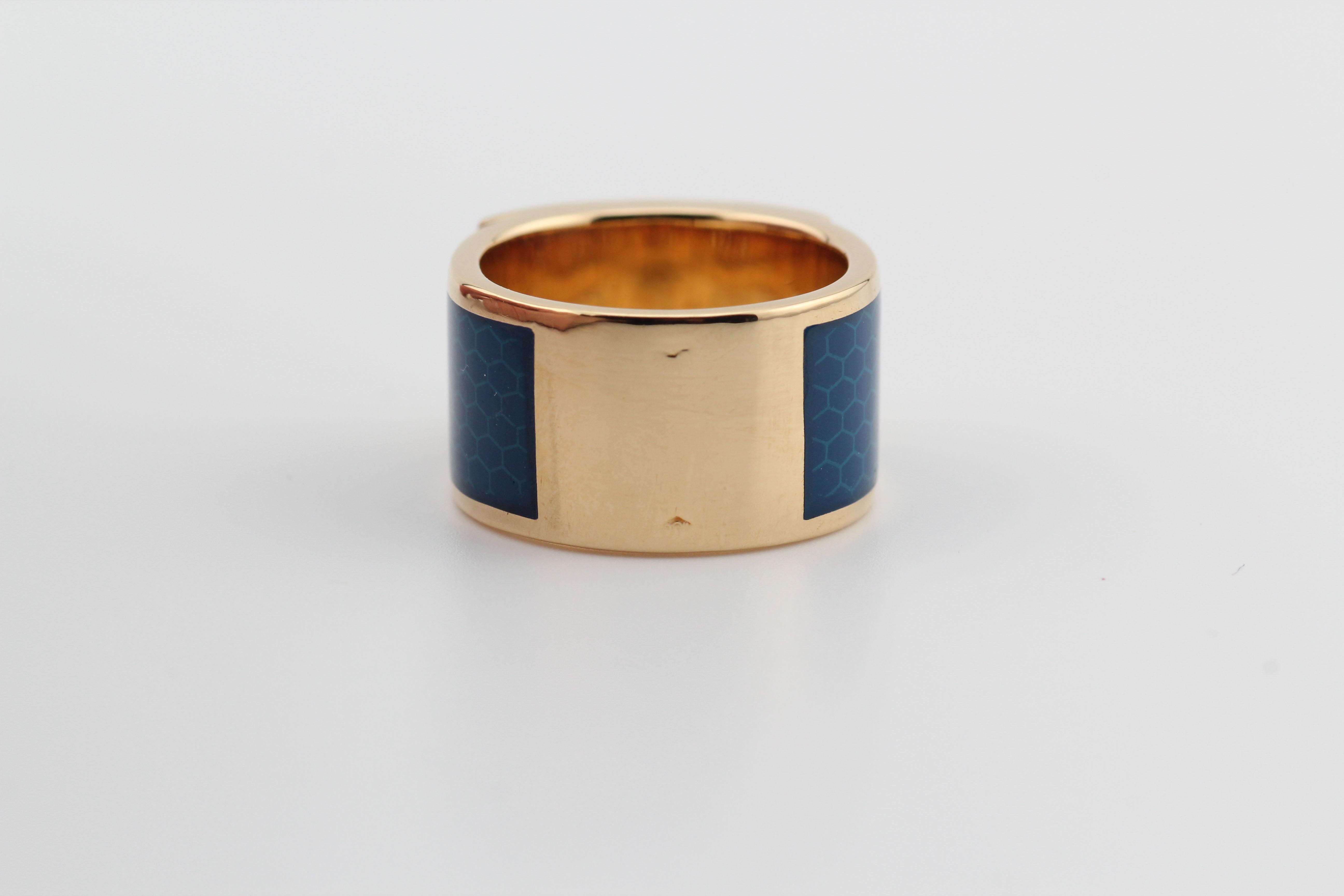 Hermes 18k Yellow Gold Collier De Chien Blue Enamel Ring Size 5 For Sale 2