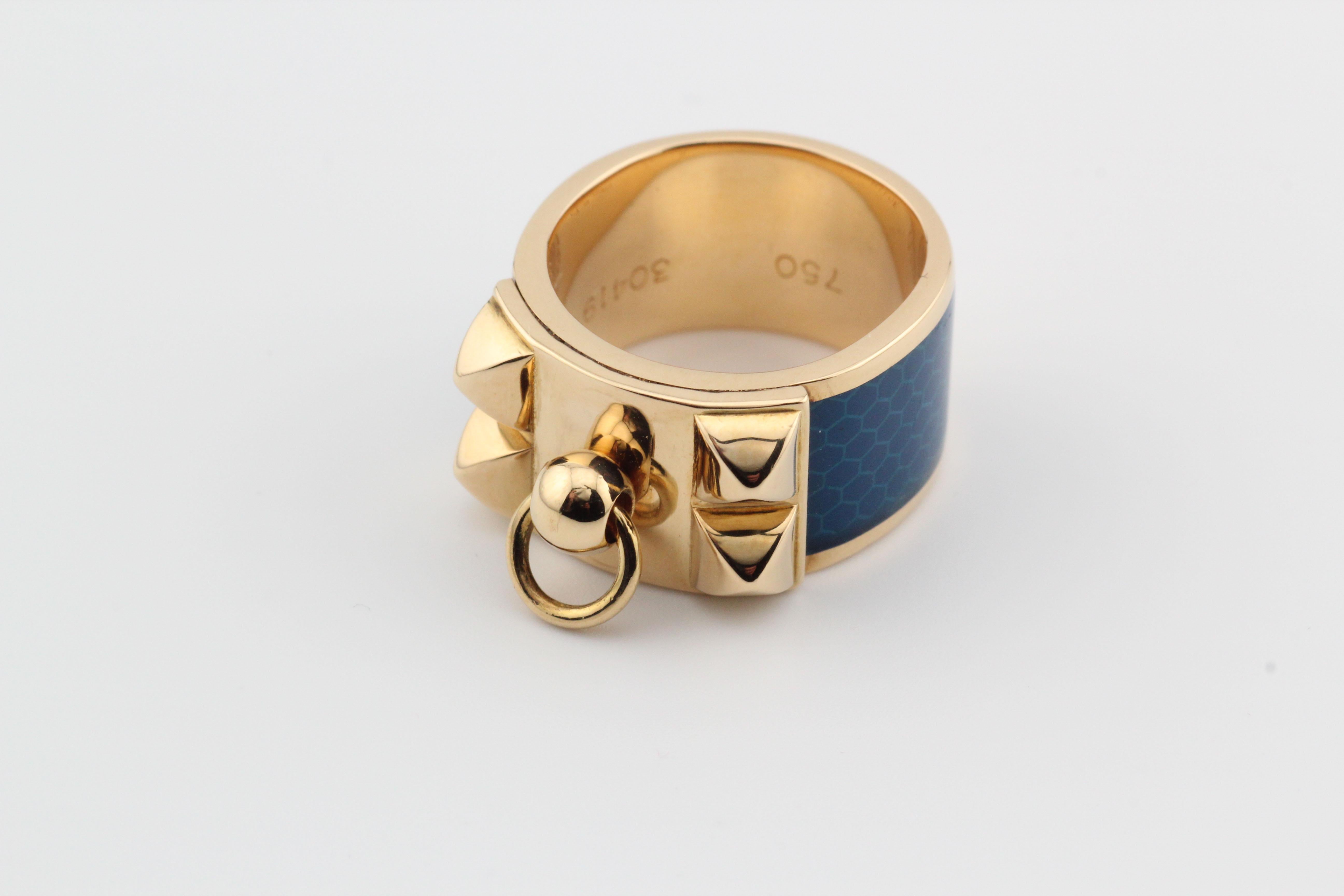 The Hermes Collier de Chien ring is an exquisite piece of jewelry that is both luxurious and elegant. The ring features a beautiful and unique design that is instantly recognizable as Hermes.  

Crafted from high-quality 18k gold, the ring is