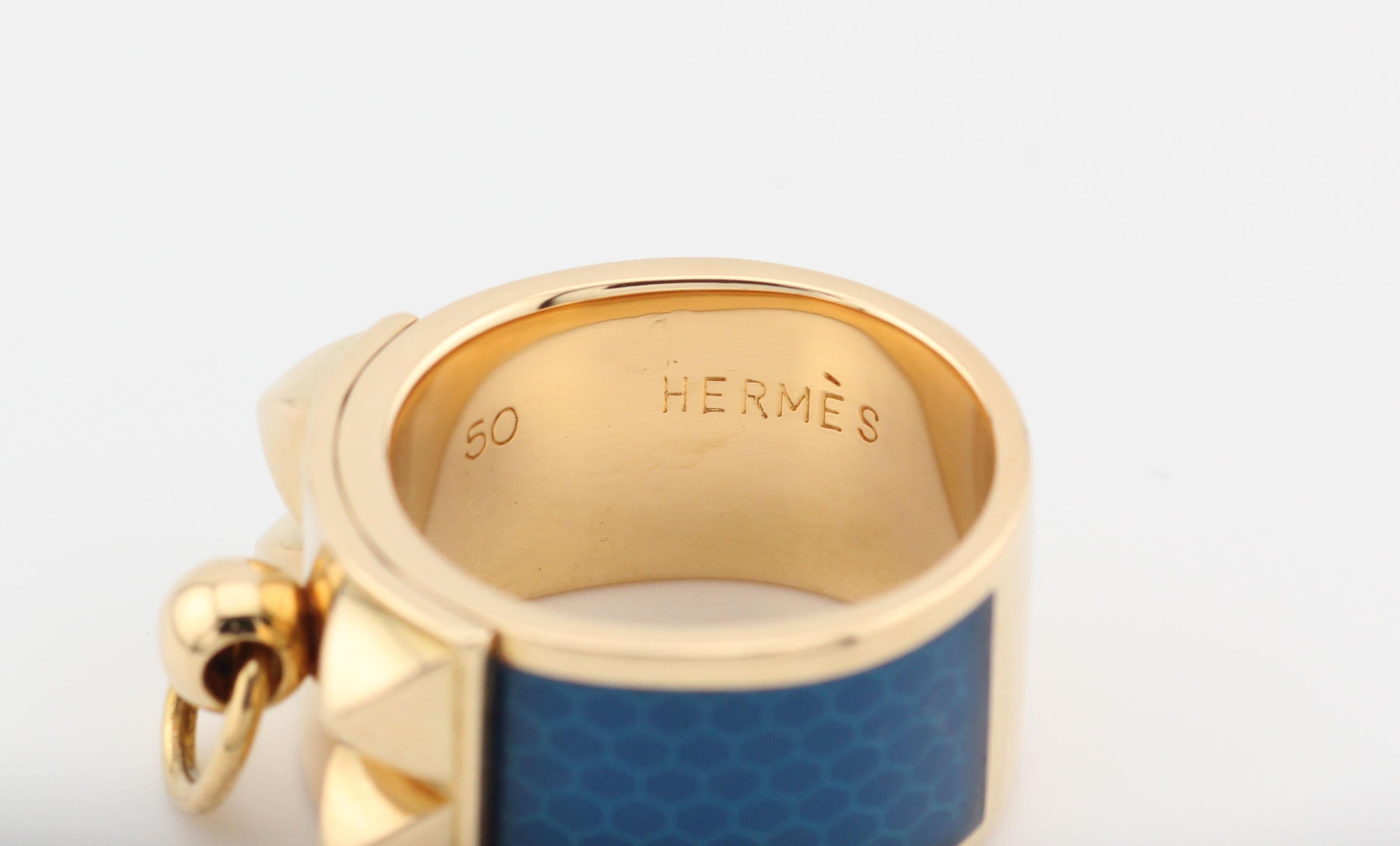 Women's or Men's Hermes 18k Yellow Gold Collier De Chien Blue Enamel Ring Size 5 For Sale