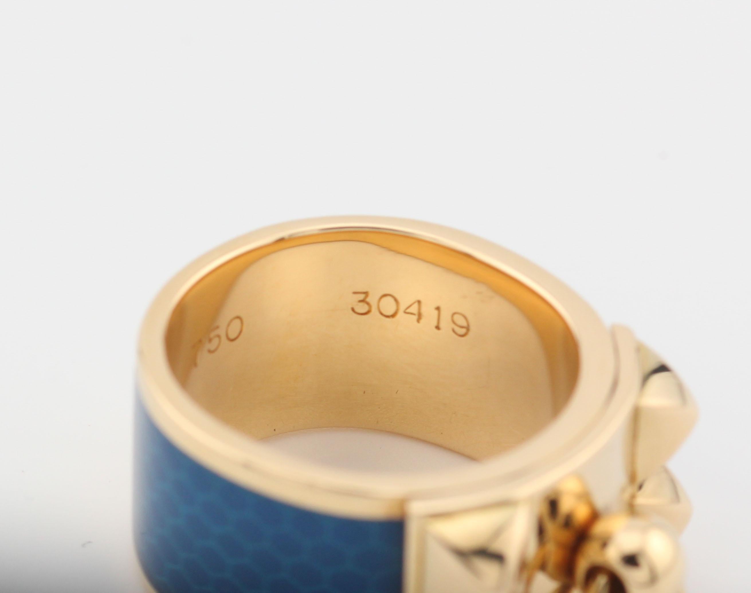 Hermes 18k Yellow Gold Collier De Chien Blue Enamel Ring Size 5 For Sale 1