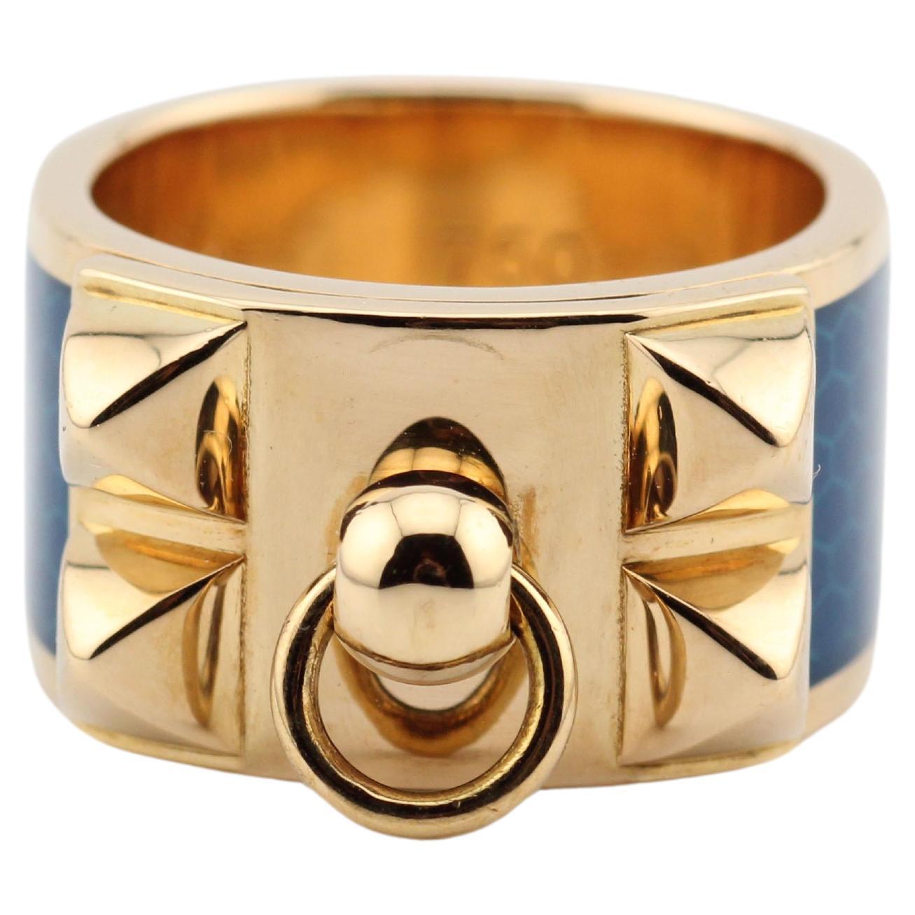 Hermes 18k Yellow Gold Collier De Chien Blue Enamel Ring Size 5 For Sale
