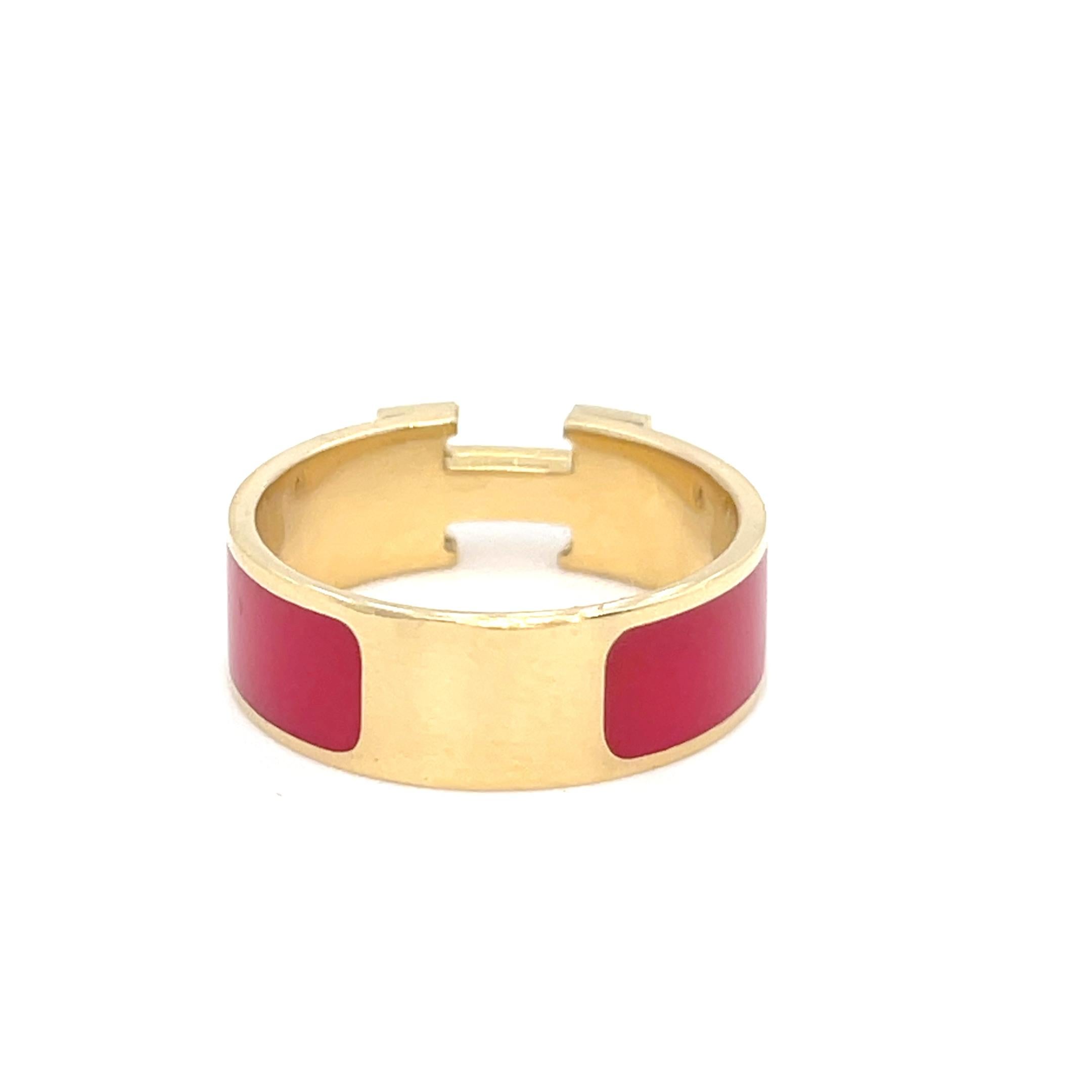 Moderne Hermes Bague Clic Clac en or jaune 18k diamant et émail rouge H Taille 7 5.5g en vente