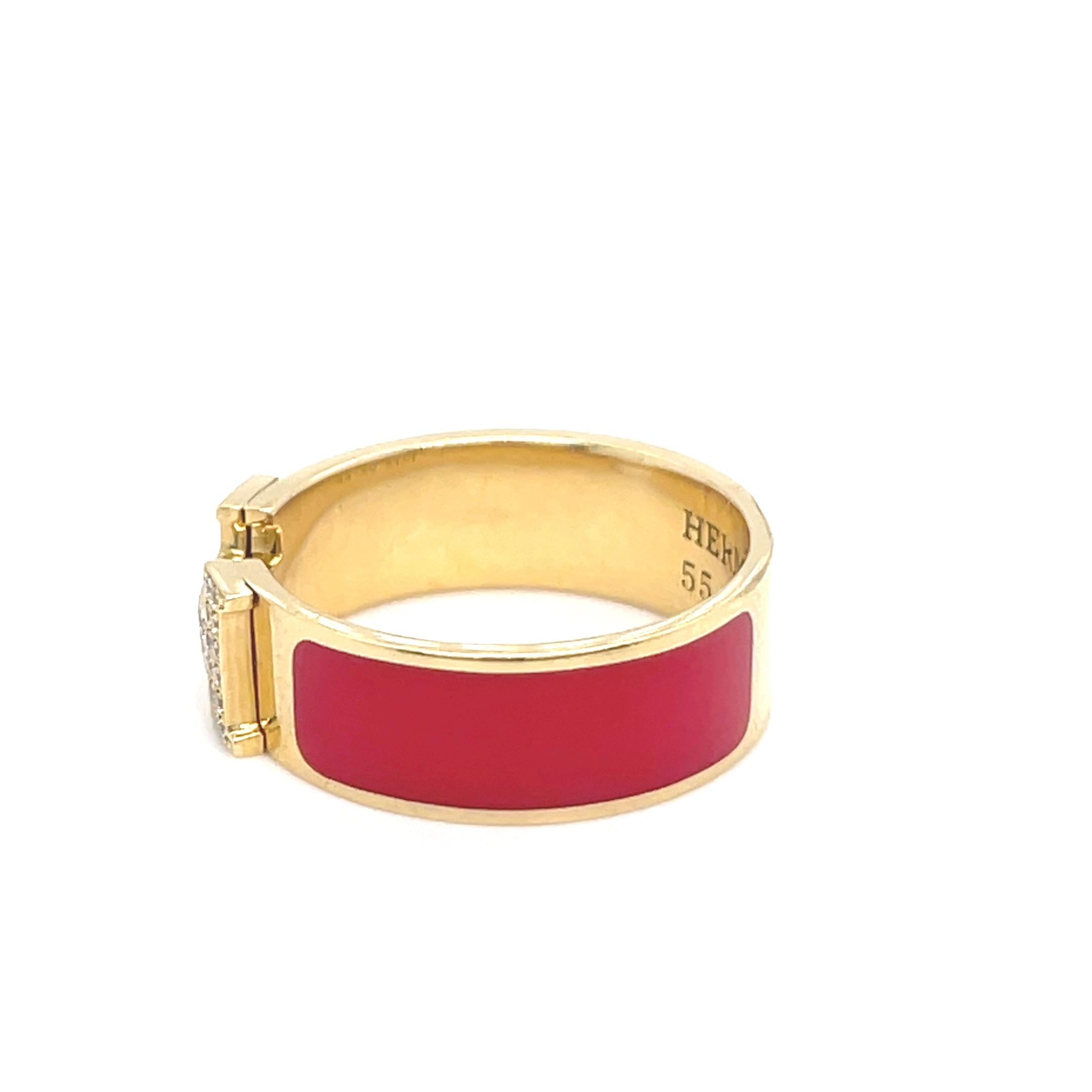 Taille ronde Hermes Bague Clic Clac en or jaune 18k diamant et émail rouge H Taille 7 5.5g en vente