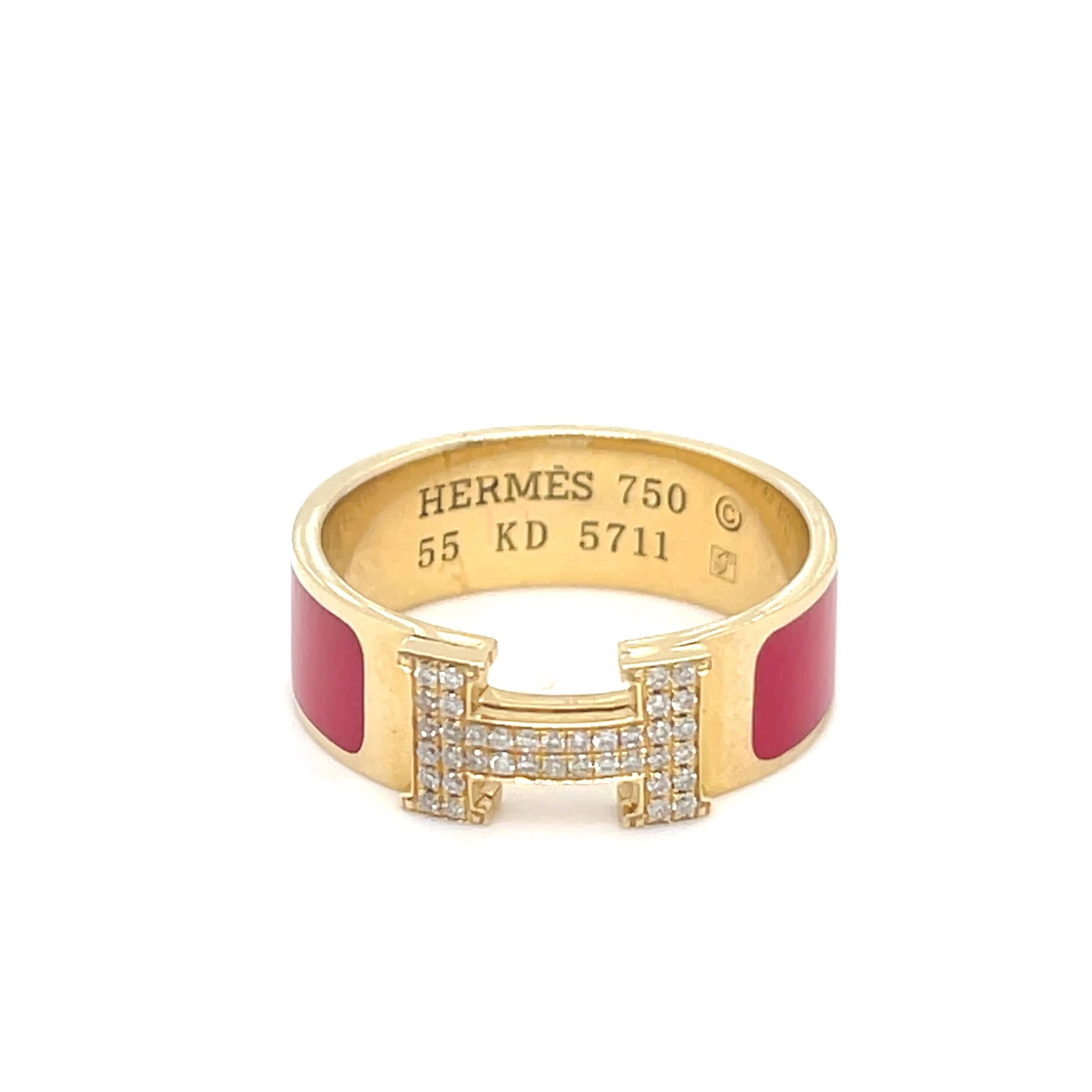 Hermes Bague Clic Clac en or jaune 18k diamant et émail rouge H Taille 7 5.5g Bon état - En vente à Sherman Oaks, CA