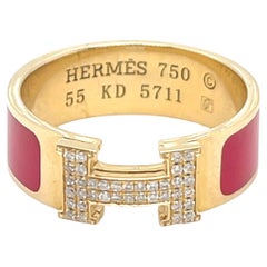 Anello H. H. Clac in oro giallo 18k con diamanti e smalto rosso, misura 7, 5,5g