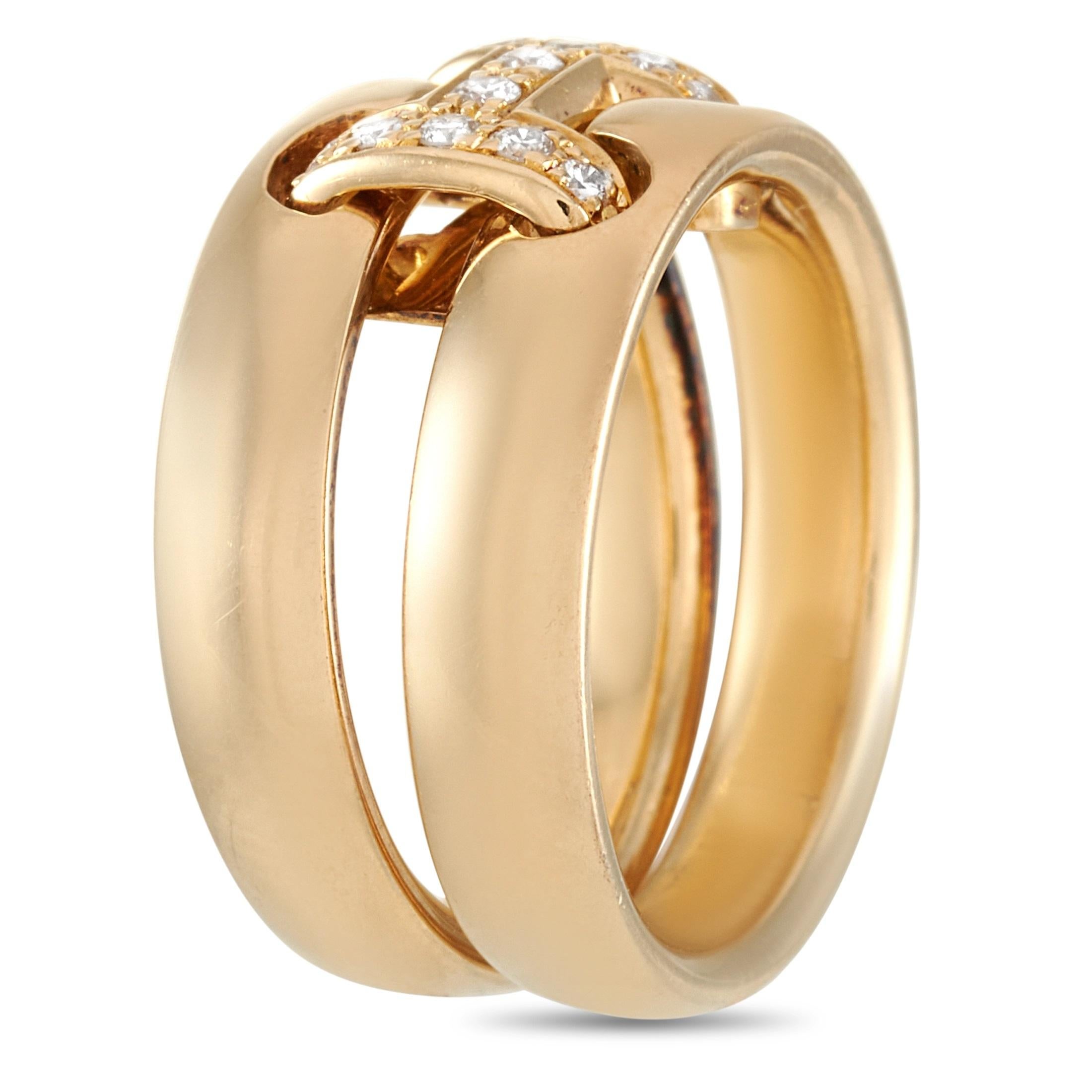 This Hermès ring is made of 18K yellow gold and embellished with diamonds. The ring weighs 9.6 grams and boasts band thickness of 8 mm, while top dimensions measure 9 by 8 mm.
 
 Offered in estate condition, this item includes the manufacturer’s box.