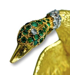 Hermes 18 Karat Yellow Gold Emerald Sapphire and Diamond Bird Brooch