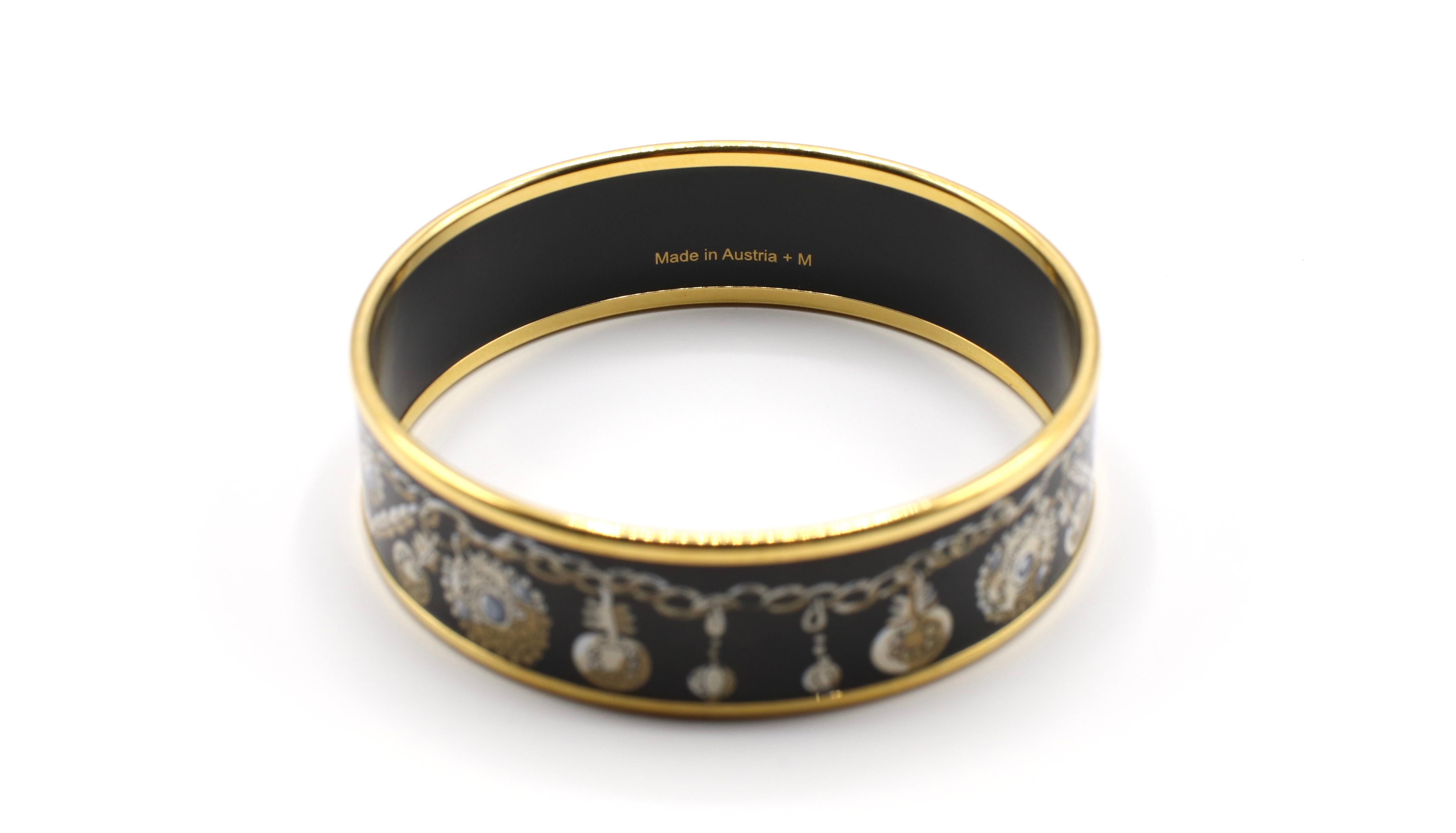 Women's or Men's Hermes 18K Yellow Gold-Plated Enamel Bangle Bracelet Black & Gold Chain Design